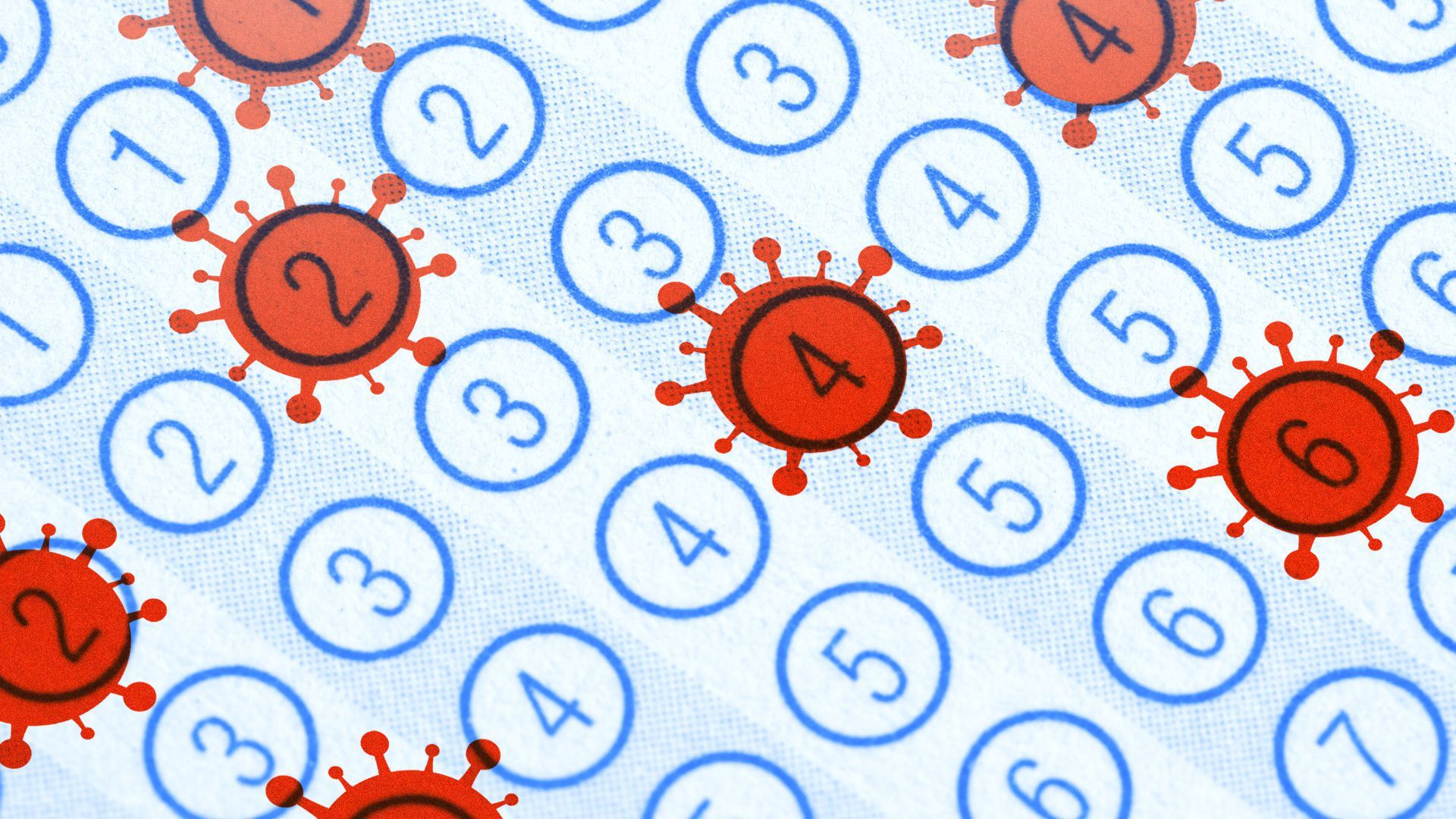 Illustration of a standardized testing bubble sheet and viruses.