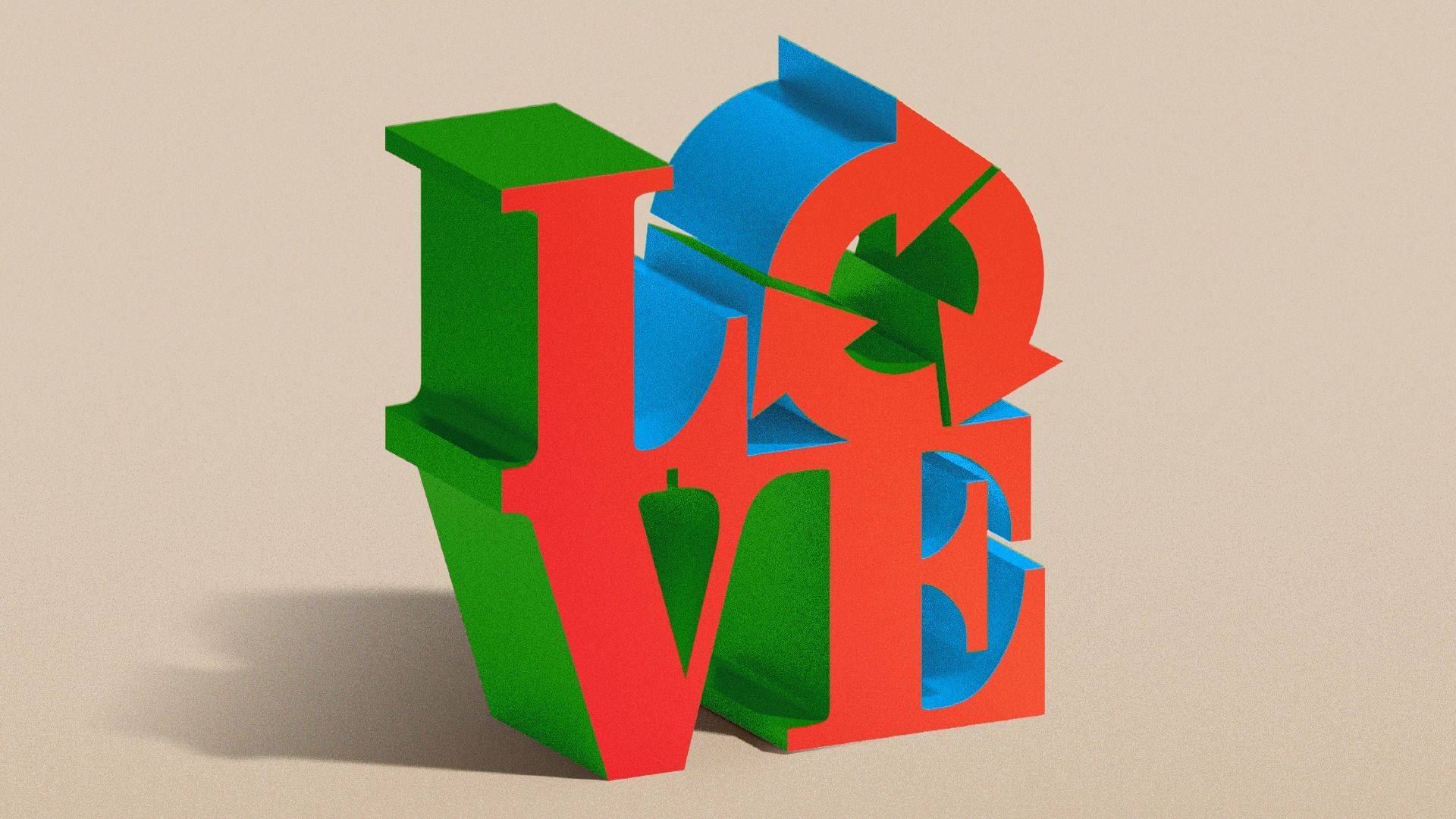 Illustration of the Love statue with the O replaced by a roundabout symbol.