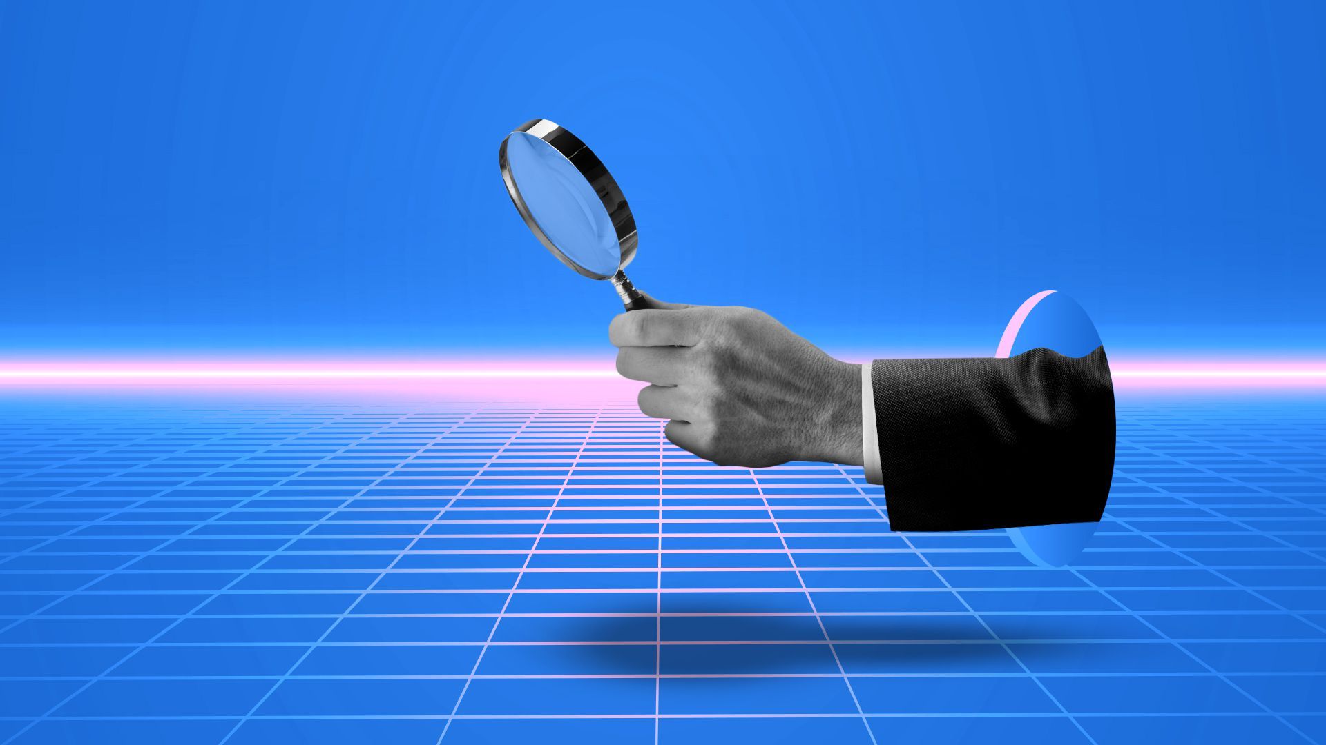 Illustration of a hand reaching out of a portal into the metaverse holding a magnifying glass. 