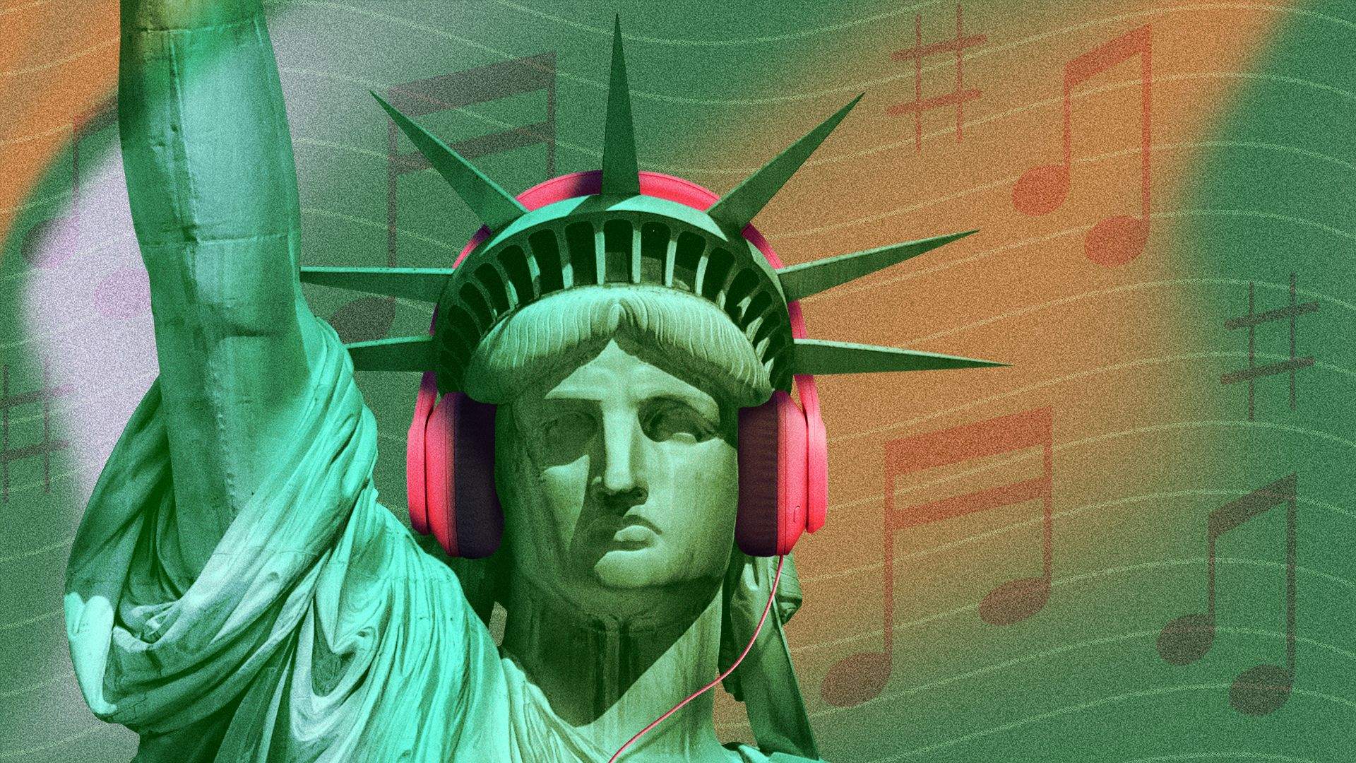 Illustration of the Statue of Liberty in headphones with musical notes in the background