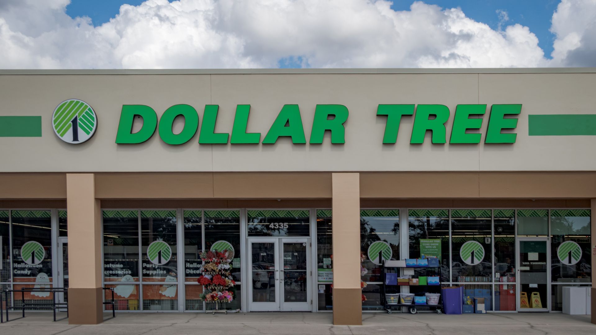 Exterior of a Dollar Tree store with large green lettering and logo on beige facade, under a partly cloudy blue sky, with some merchandise displayed near entrance.