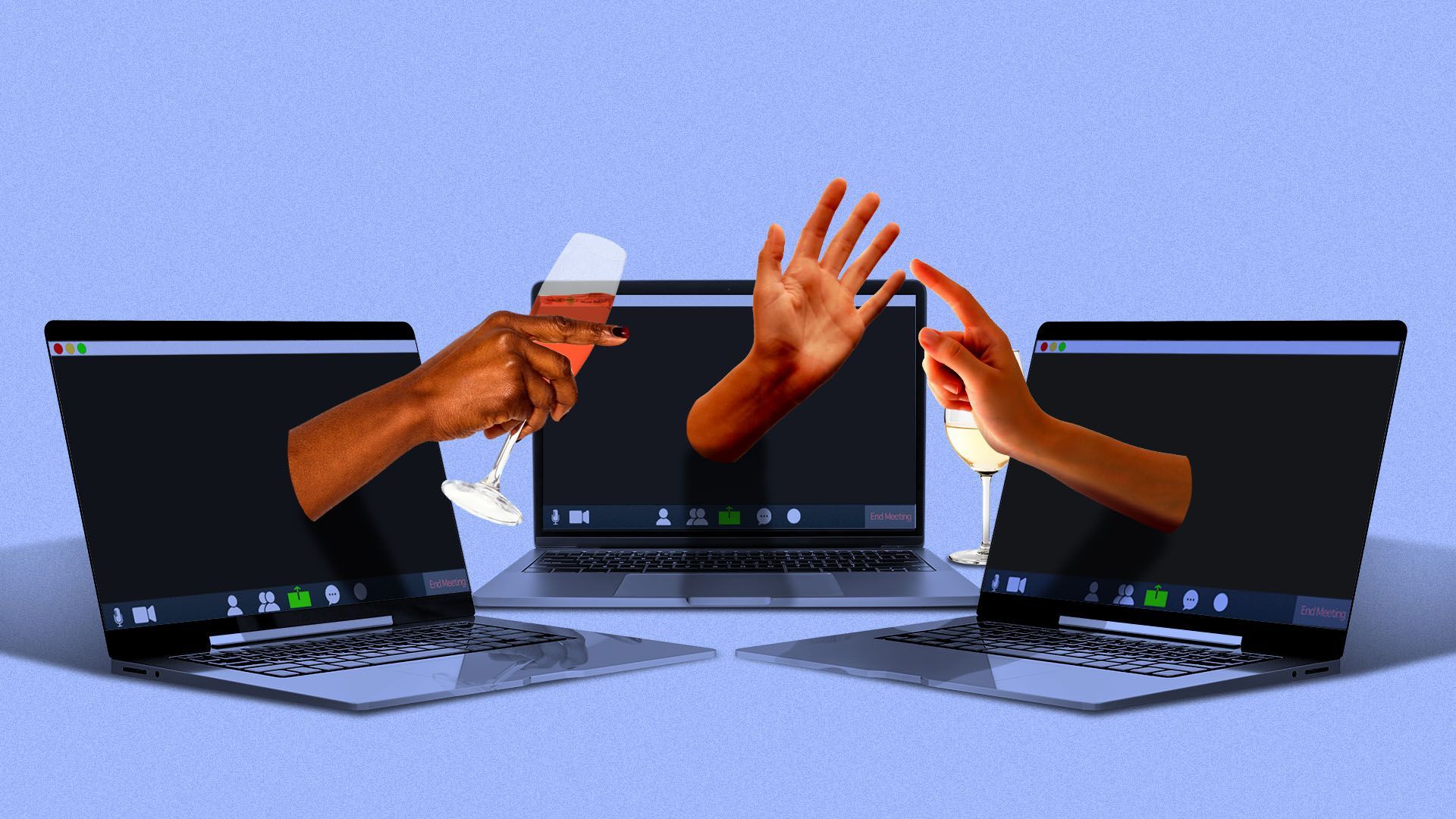 Illustration of three laptops facing each other with hands emerging from the screens interacting with one another 