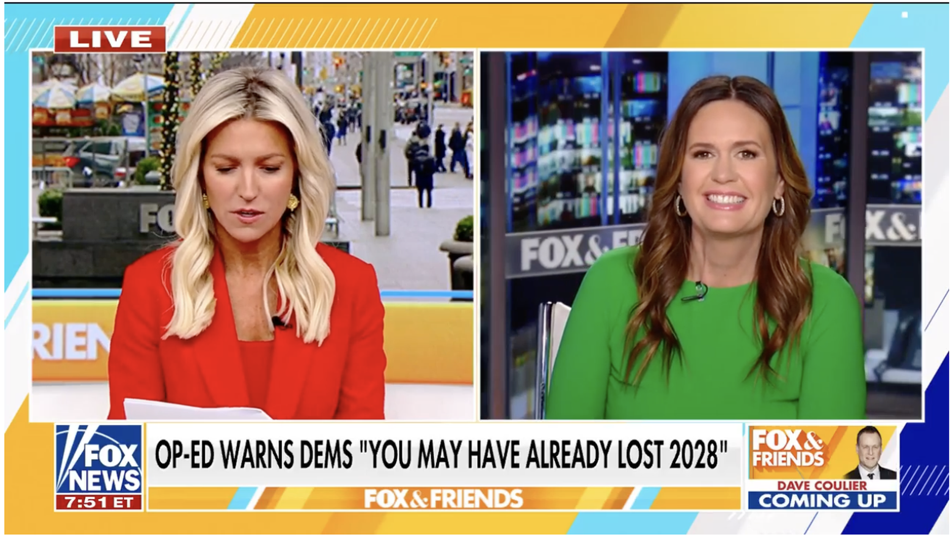 Split-screen of two female Fox News hosts during "Fox & Friends" live broadcast. Left host in red jacket reading papers, right host smiling in green top. Caption warns Dems about 2028.