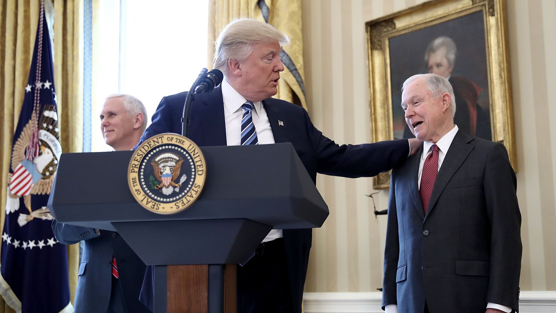President Donald Trump and Jeff Sessions after before his swearing in ceremony last year. Photo: Win McNamee/Getty Images