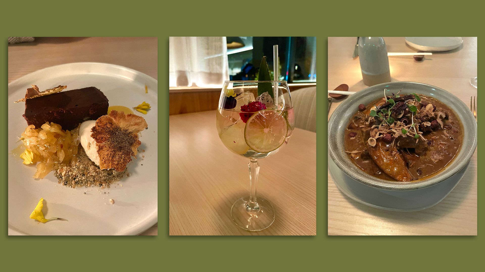 a slice of cake, a fruity drink and a bowl of curry