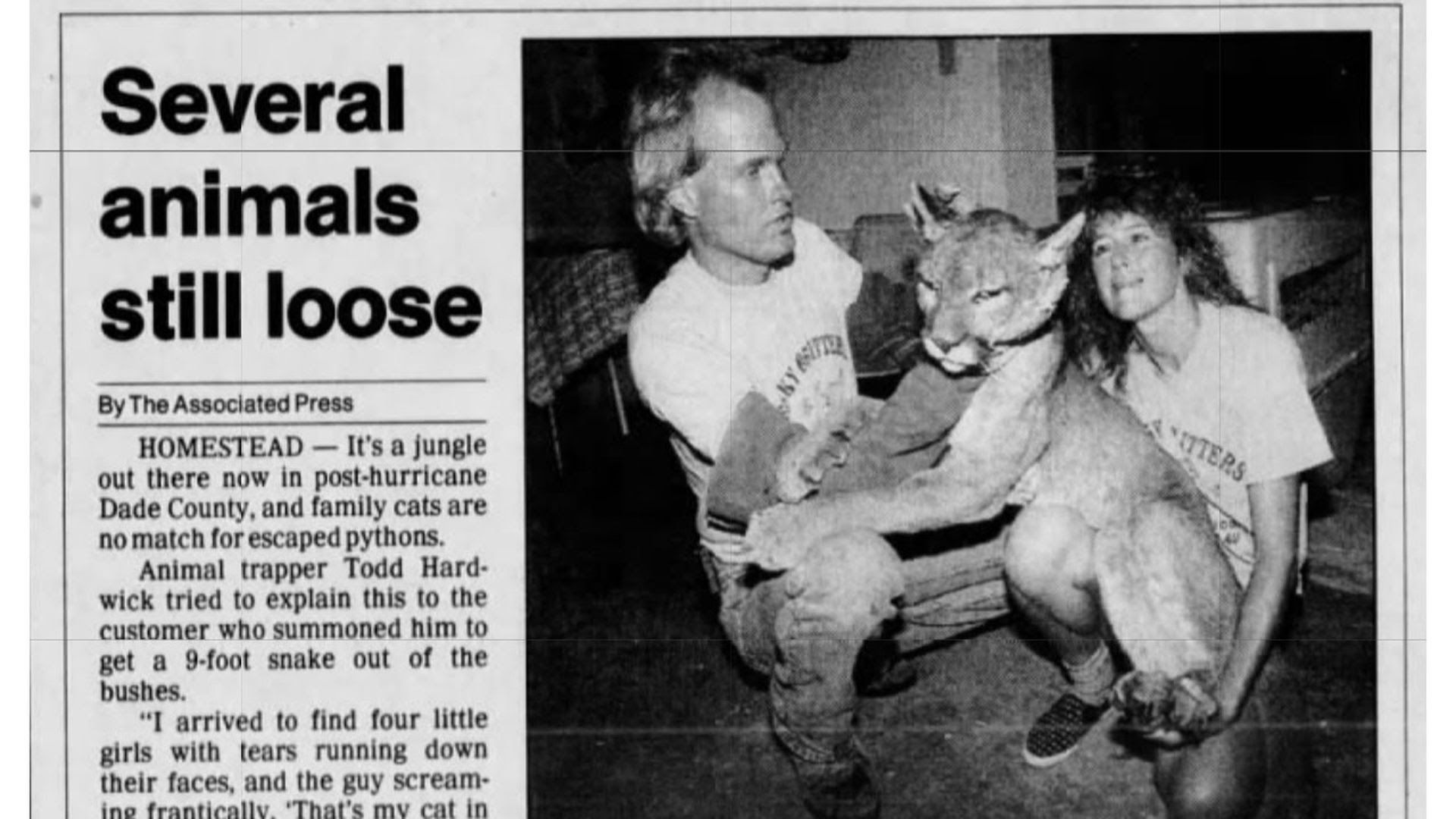 A newspaper clipping from the New Press of Fort Myers on Sept. 22, 1992, with the headline that reads "Several animals still loose."