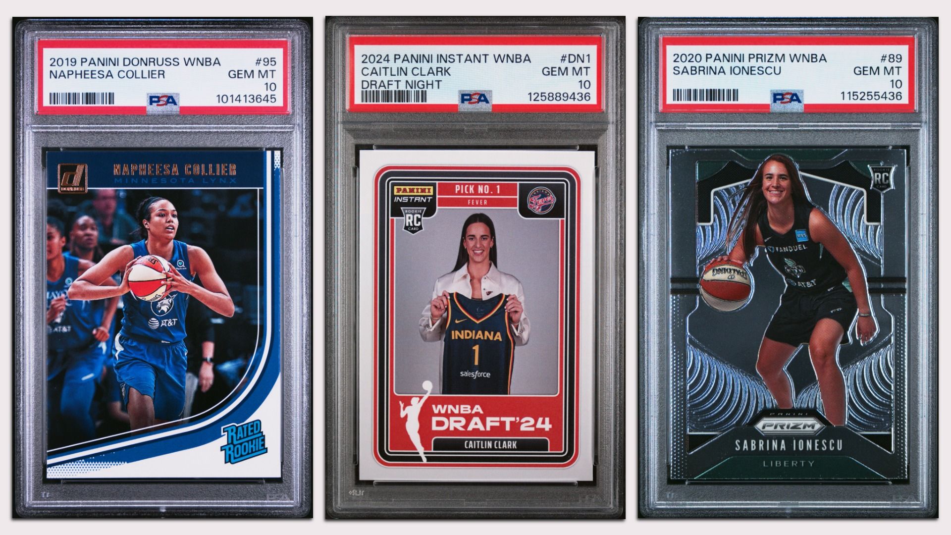 Three graded WNBA basketball cards: Napheesa Collier in blue, Caitlin Clark holding an Indiana jersey, and Sabrina Ionescu in black with a basketball, each labeled GEM MT 10.