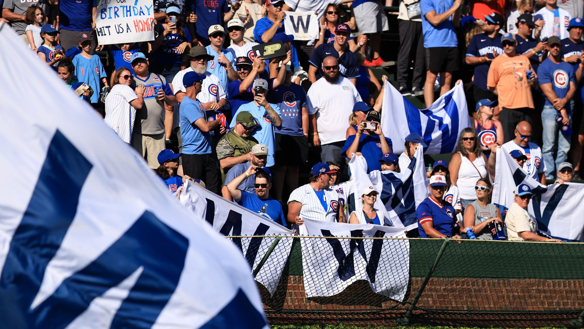 Photo of fans waving a "W" flag at a baseball game.