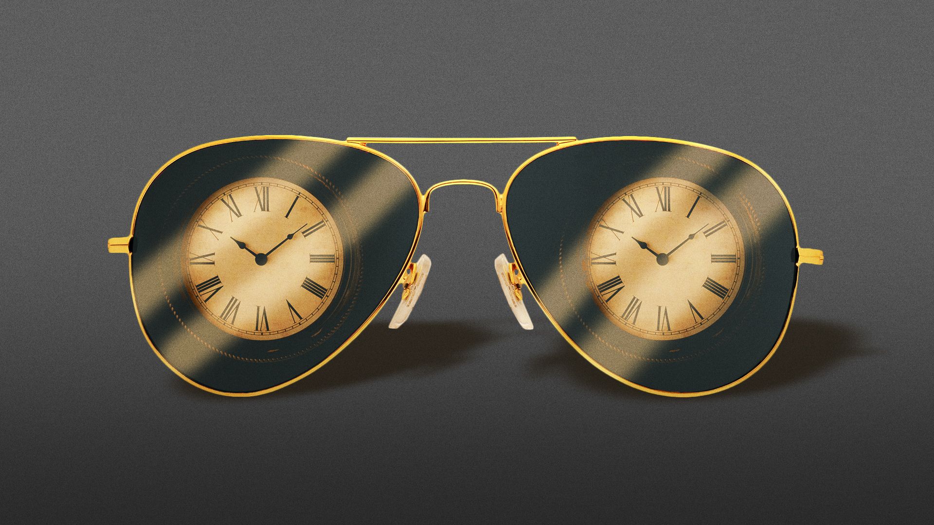 Illustration of aviator glasses with clock faces reflected in the lenses.