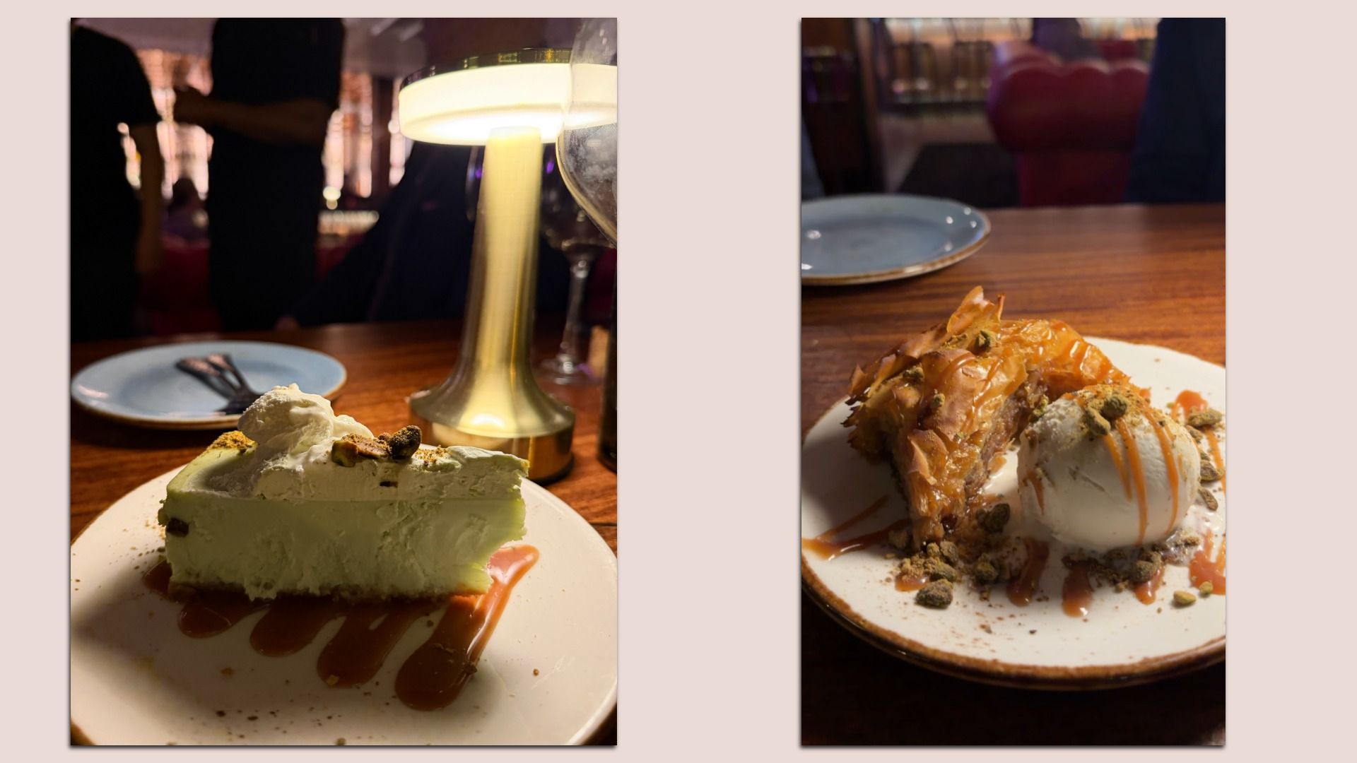 Two dessert plates on a wooden table under warm light: slice of creamy green cake with whipped cream and nuts, and a plate with flaky pastry, a scoop of ice cream drizzled with caramel sauce.