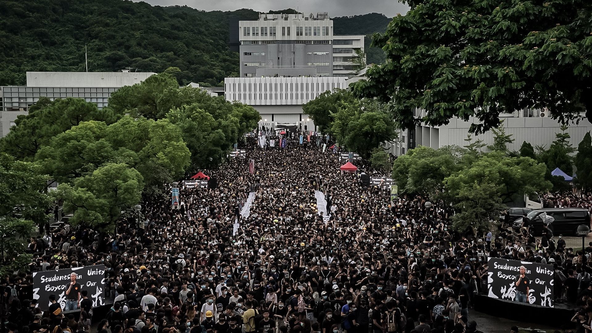 Students take part in a school boycott rally at the Chinese University of Hong Kong on Monday. 