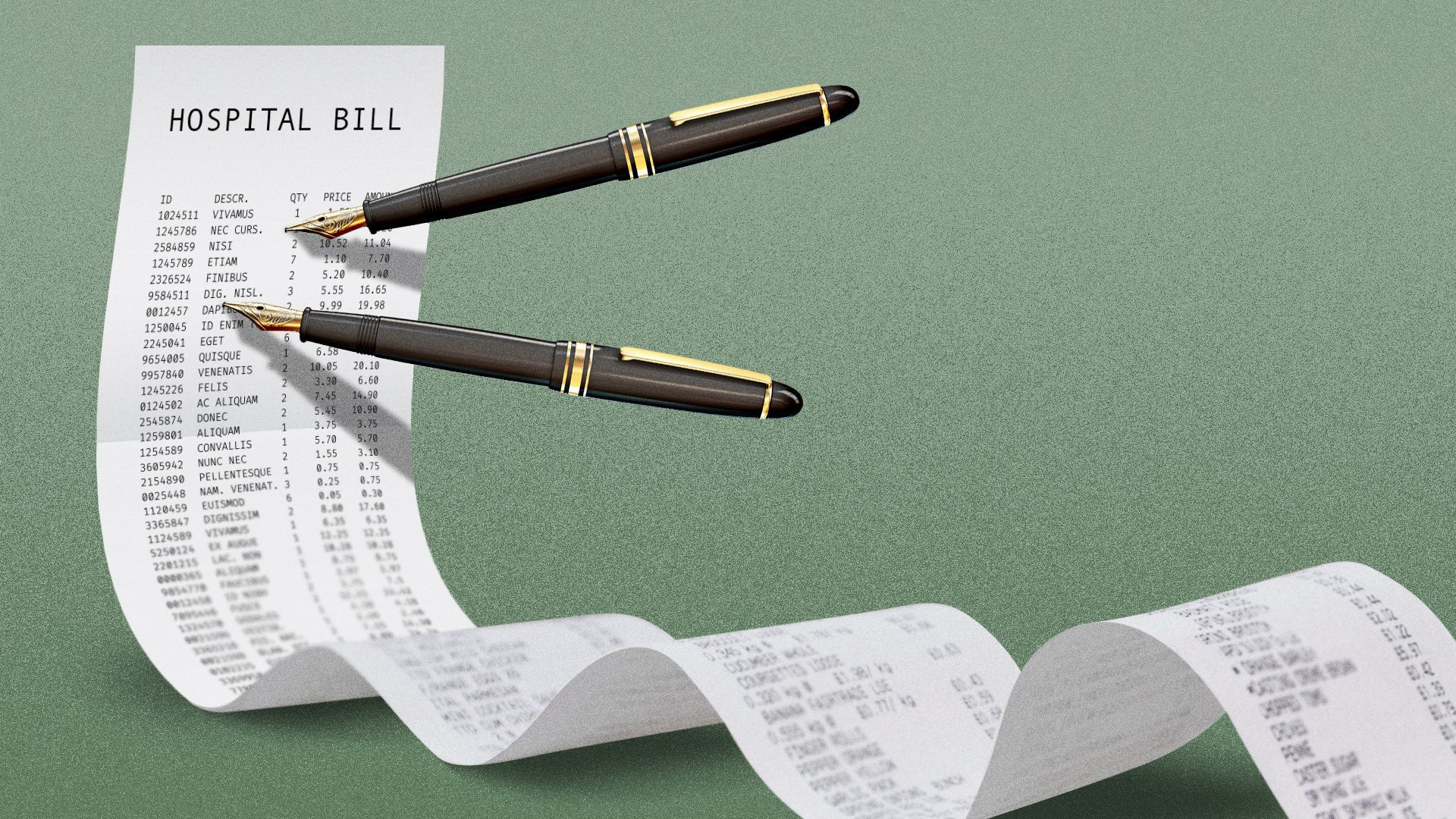 Illustration of a very long hospital bill pierced by fountain pens. 