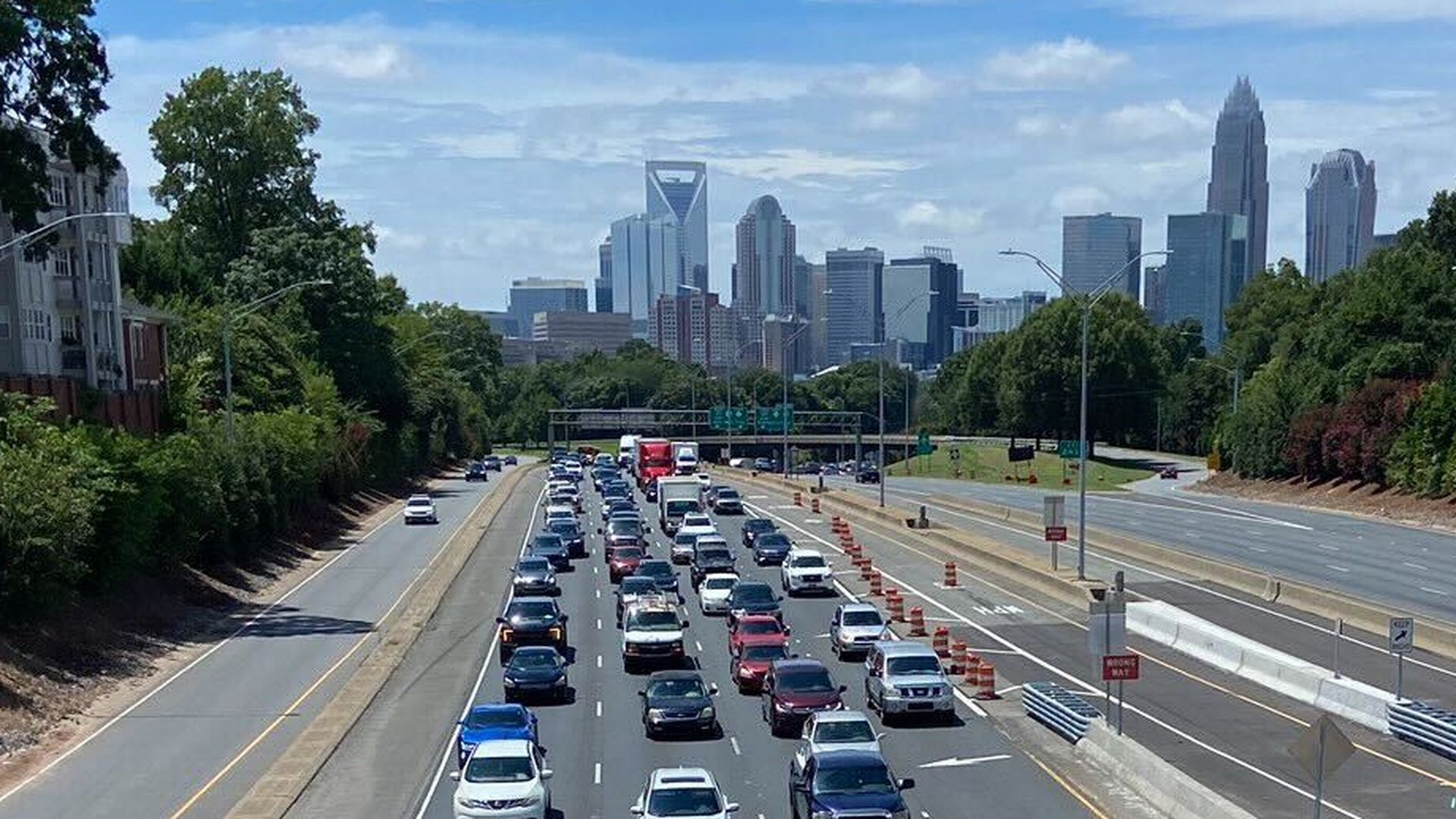 Cars sit in traffic on Independence. 