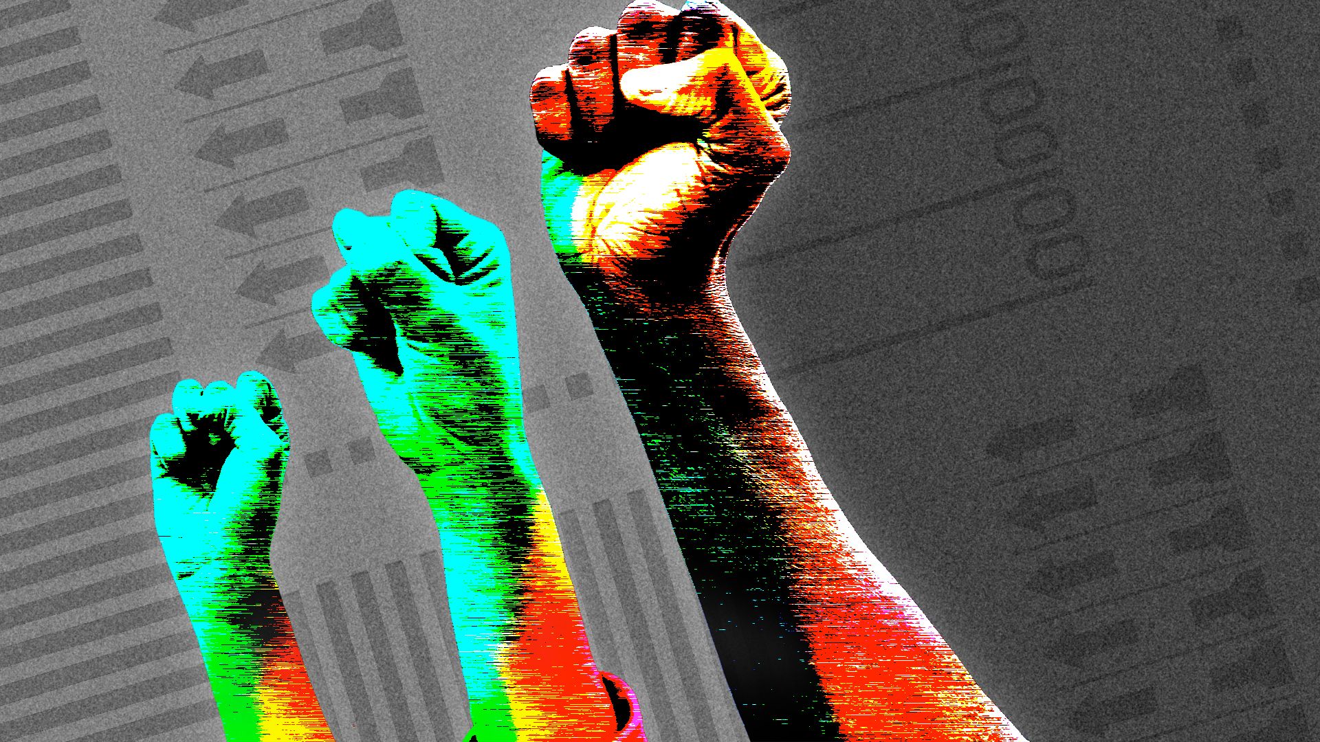Illustration of three glowing, raised fists rendered in primary colors and a static pattern over a divided grayscale background with elements of ballots.