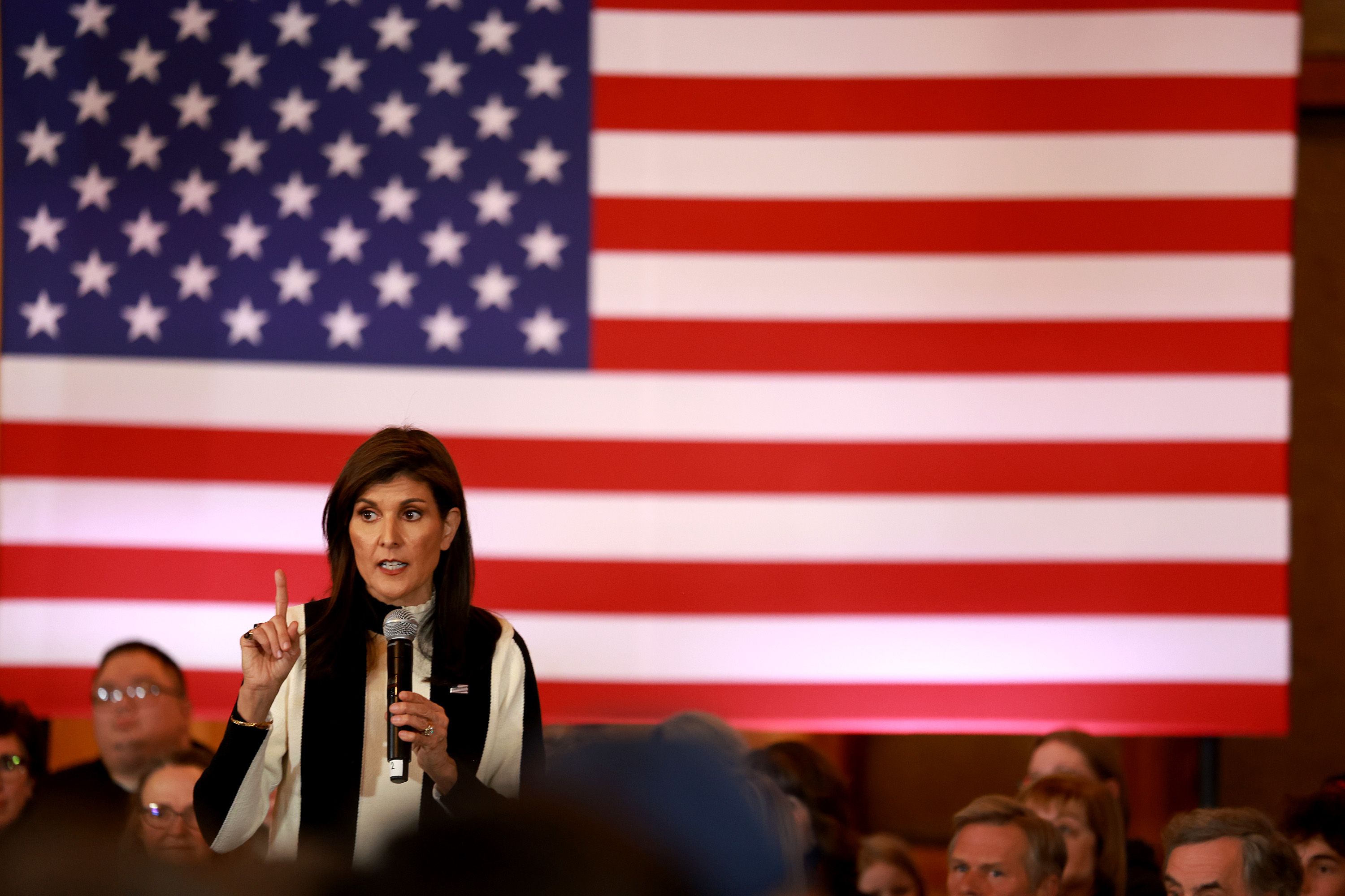 Republican presidential candidate former U.N. Ambassador Nikki Haley speaks at a campaign event at Country Lane Lodge on January 14, 2024 in Adel, Iowa. Iowa Republicans will be the first to select their party's nominee for the 2024 presidential race when they go to caucus on January 15, 2024.