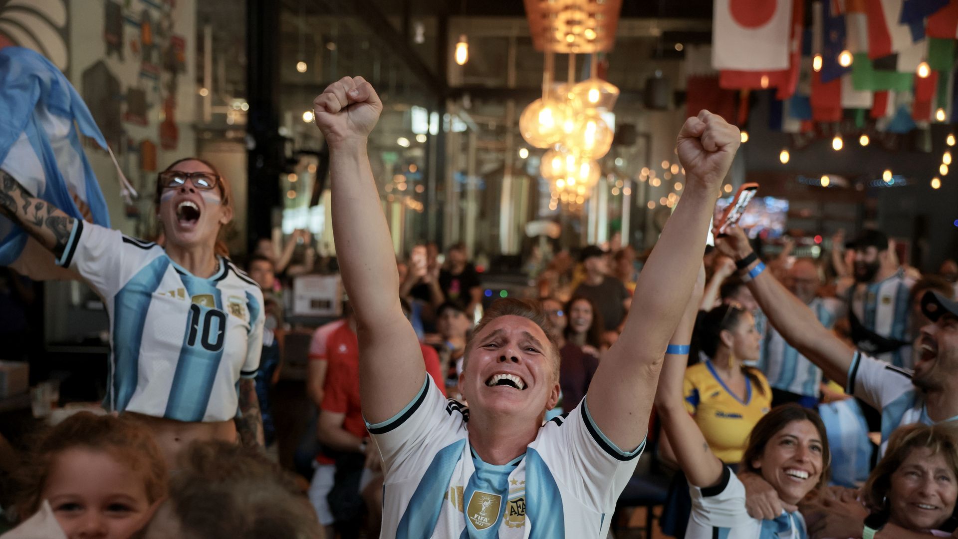 MIAMI, FLORIDA - JULY 07: Bruno Ragone reacts as his Argentine team beats Egypt 3-2 during a FIFA World Cup match watch party at Cerveceria La Tropica on July 07, 2026 in Miami, Florida. Argentina and Egypt were playing in the round of 16 match in Atlanta. (Photo by Joe Raedle/Getty Images)

