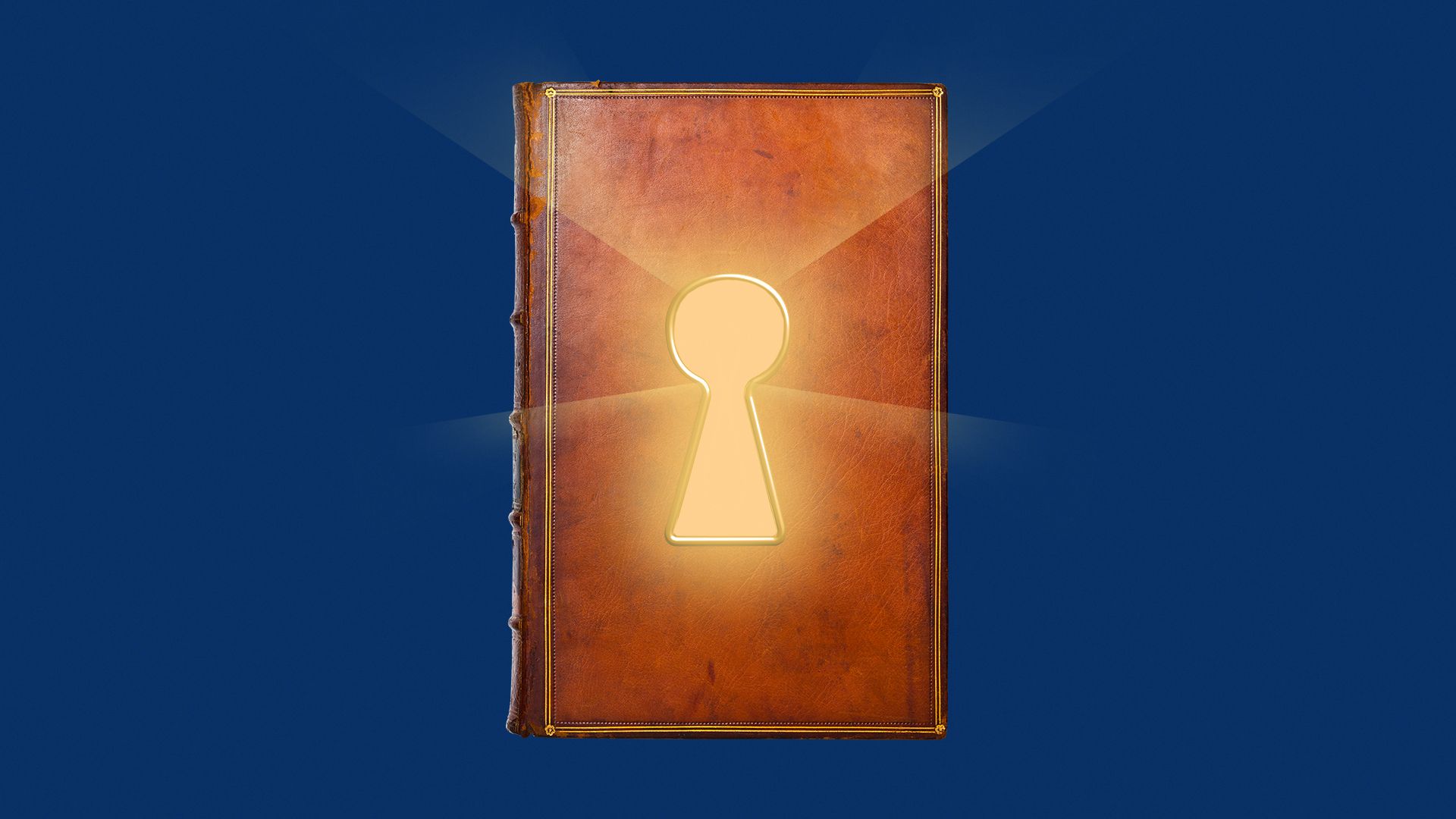 Illustration of an old leather book with a large keyhole with light spilling out in the front cover. 