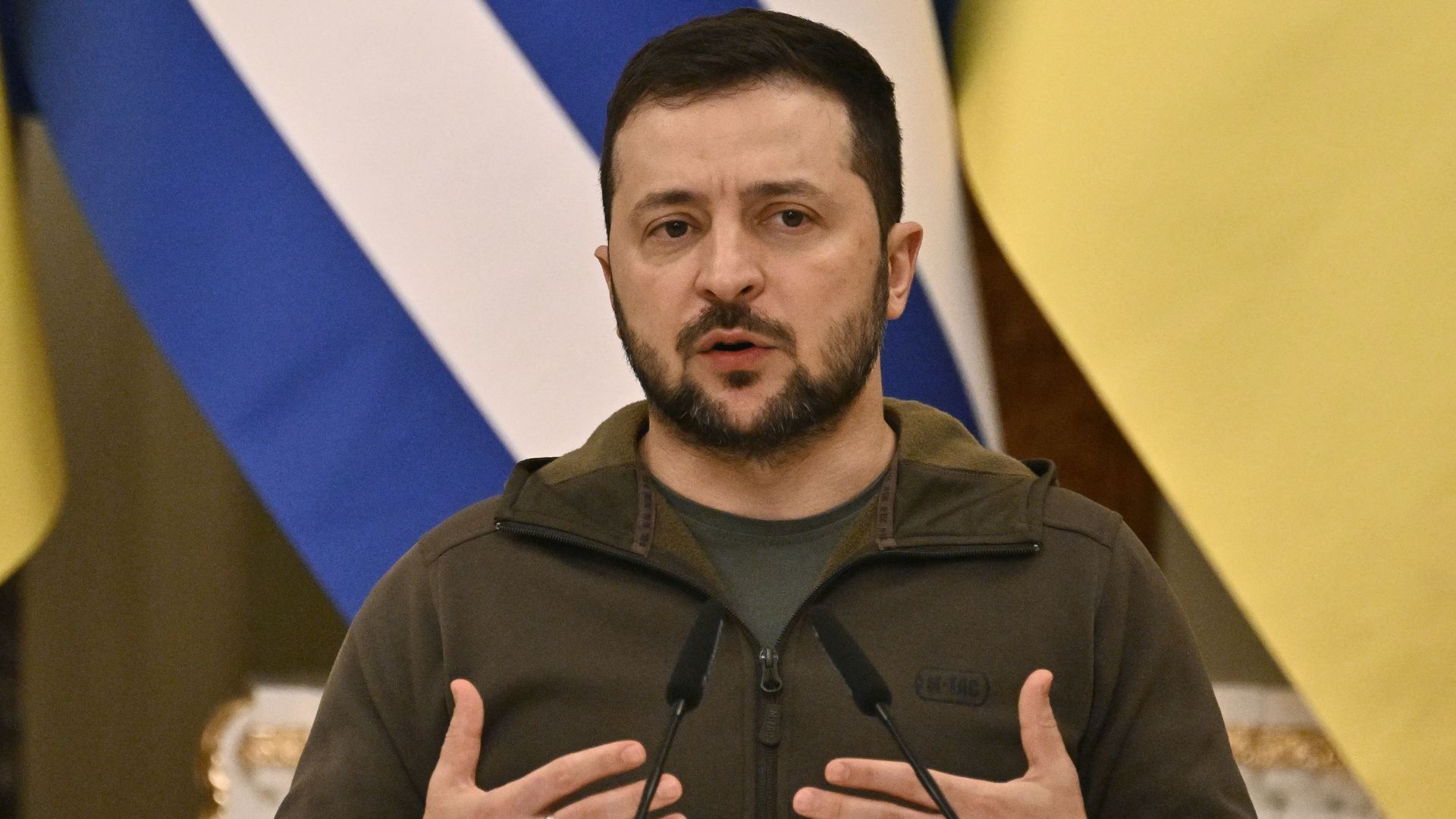Ukraine's President Volodymyr Zelensky speaks during a news conference at the Mariinskiy palace in Kyiv on November 3.