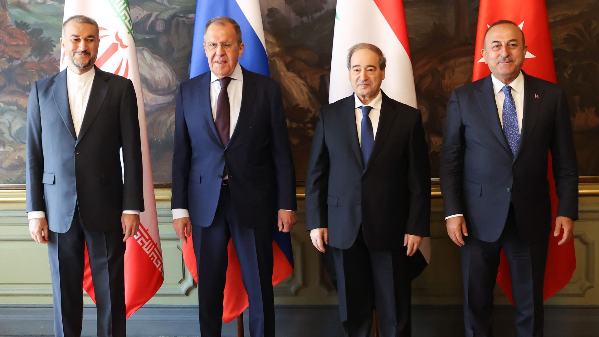The foreign ministers of Iran, Russia, Syria and Turkey meet in Moscow on May 10.