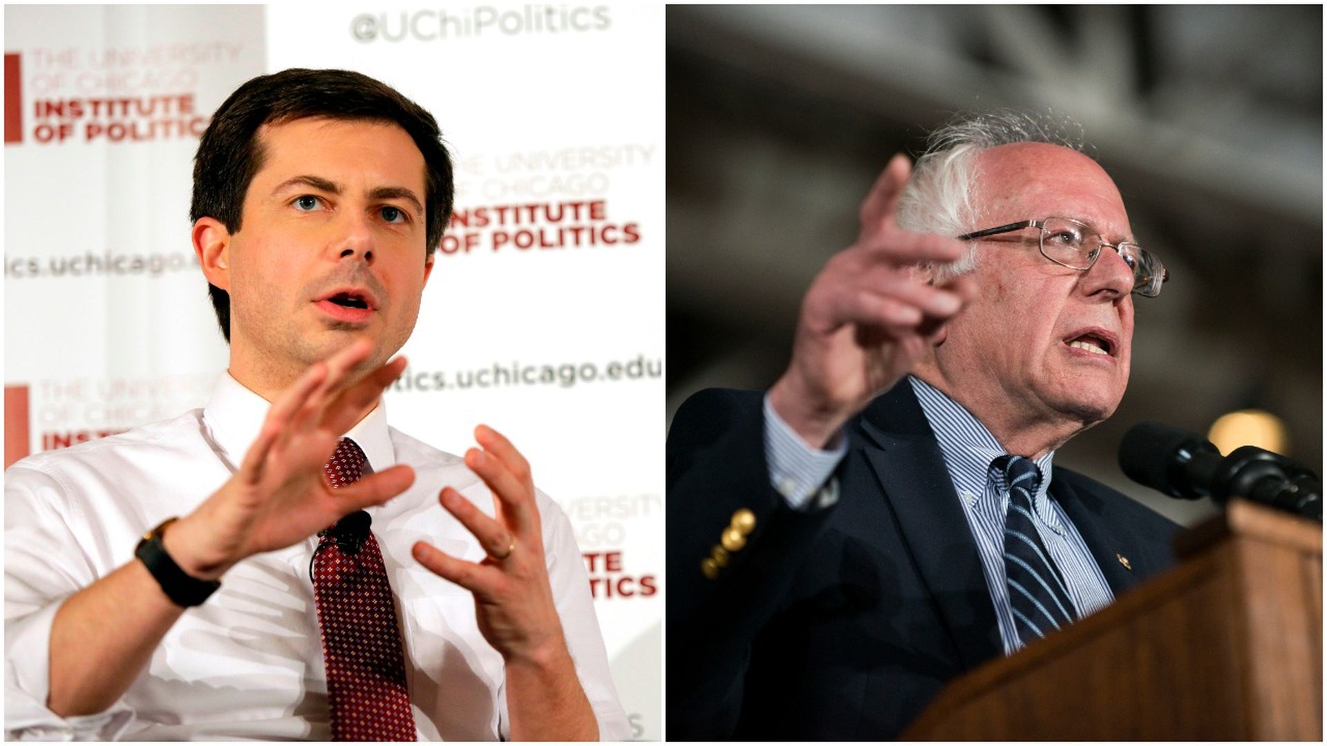 This image is a two-way split screen of Pete Buttigieg and Bernie Sanders