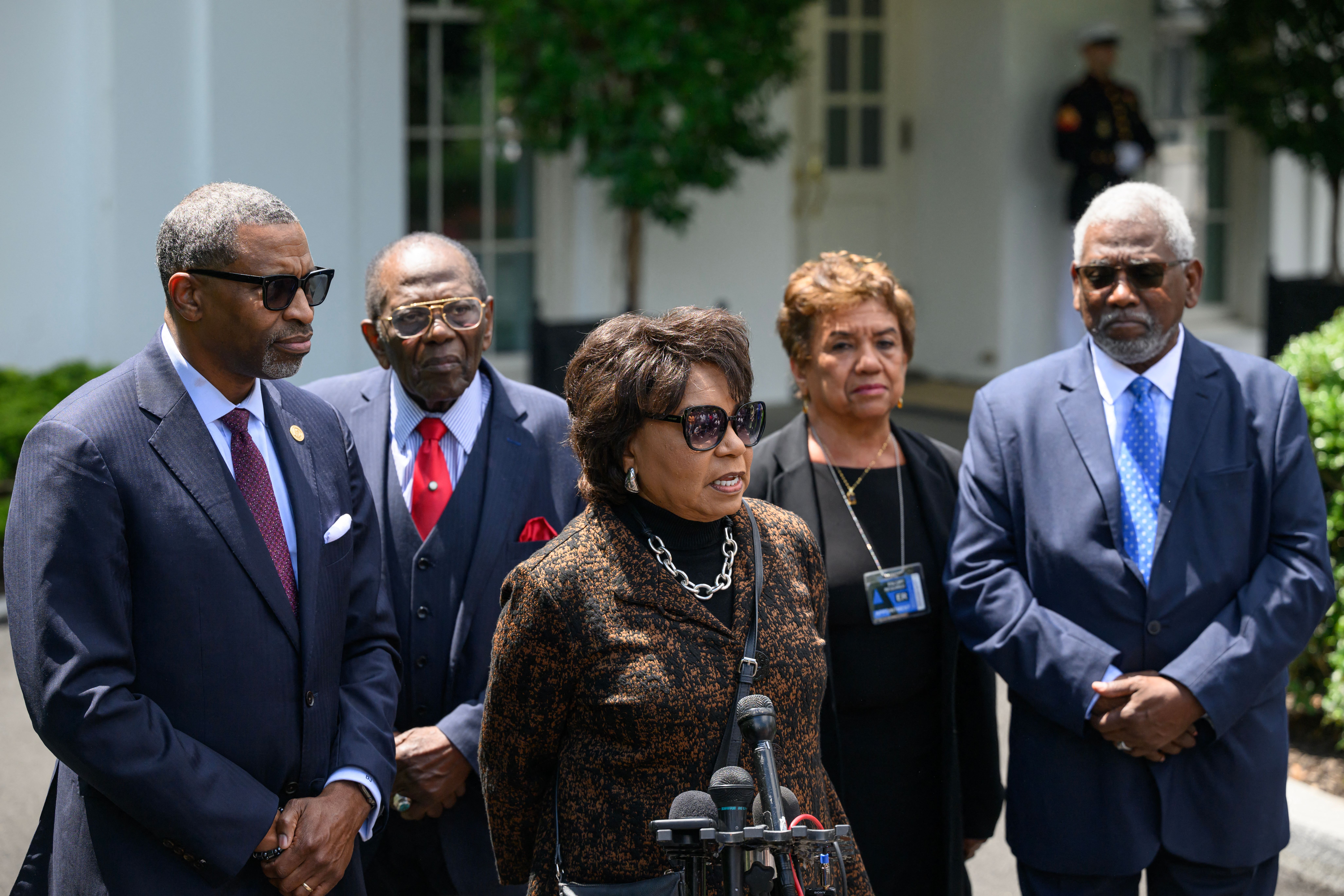 Cheryl Brown Henderson, daughter of Brown v. Board of Education plaintiff Oliver Brown, and plaintiffs and their decendents speak to reporters following a meeting with US President Joe Biden outside of the West Wing of the White House in Washington, DC on May 16, 2024.