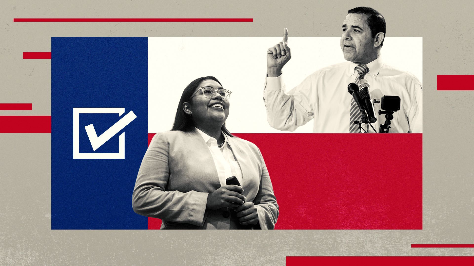 Photo illustration of Henry Cuellar, Jessica Cisneros, and the flag of Texas with a check mark instead of a star.