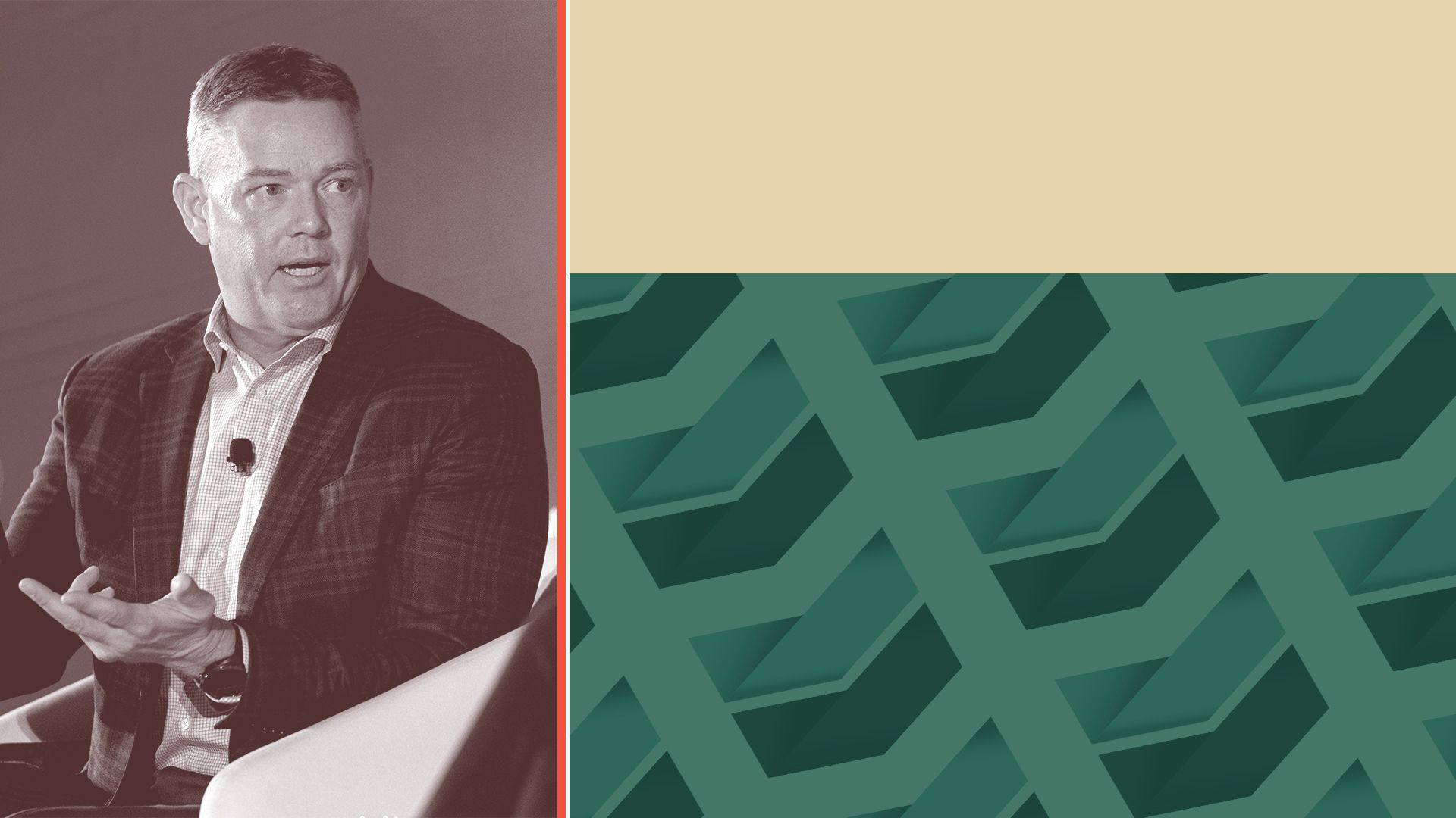 Photo illustration of Chevron New Energies president Jeff Gustavson, collaged with the Chevron logo.