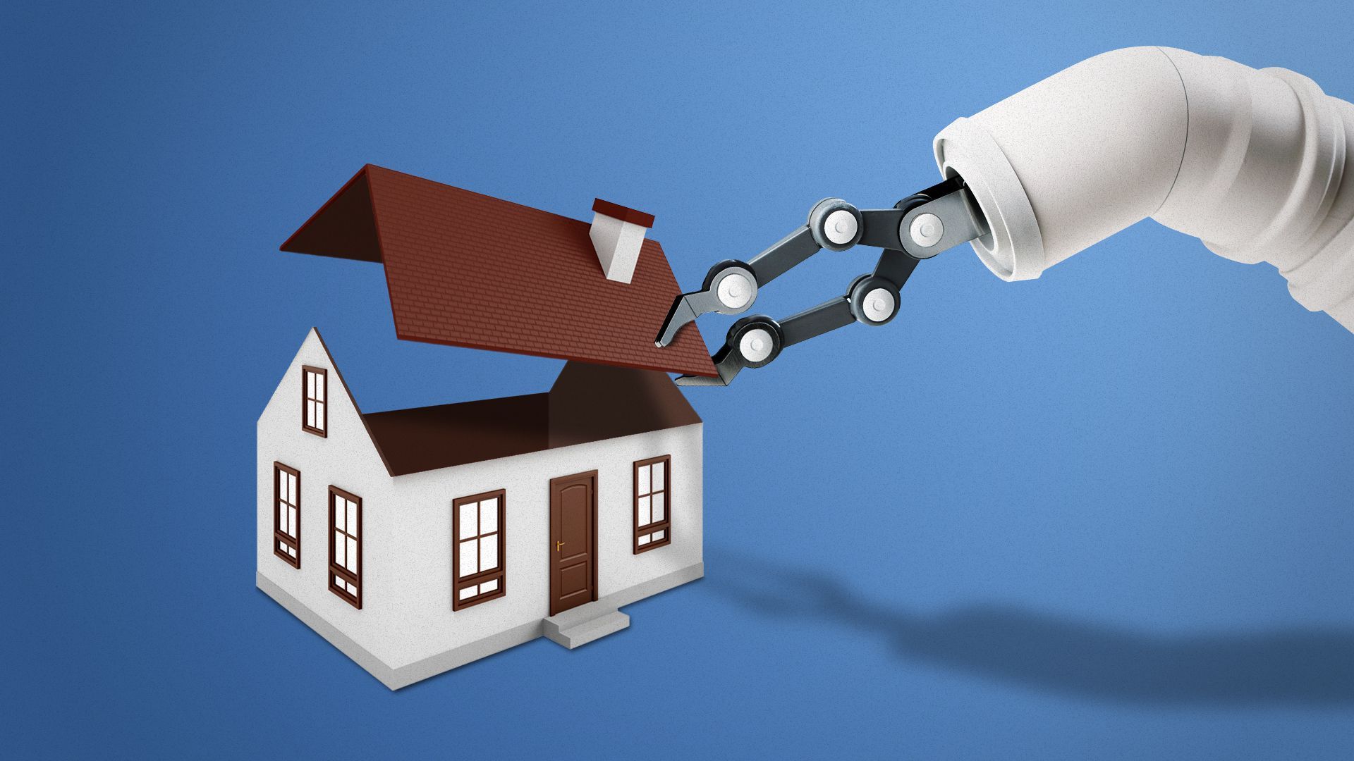 Illustration of a robotic arm placing a roof onto a house.