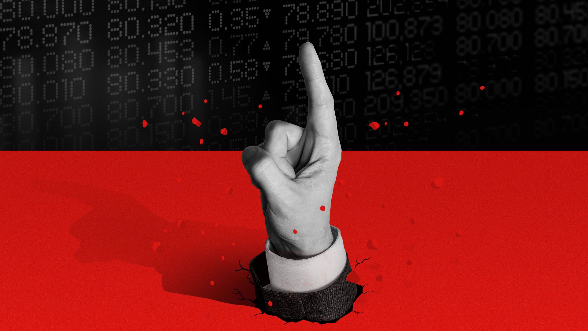 Illustration of a wall street trader's hand bursting through the ground