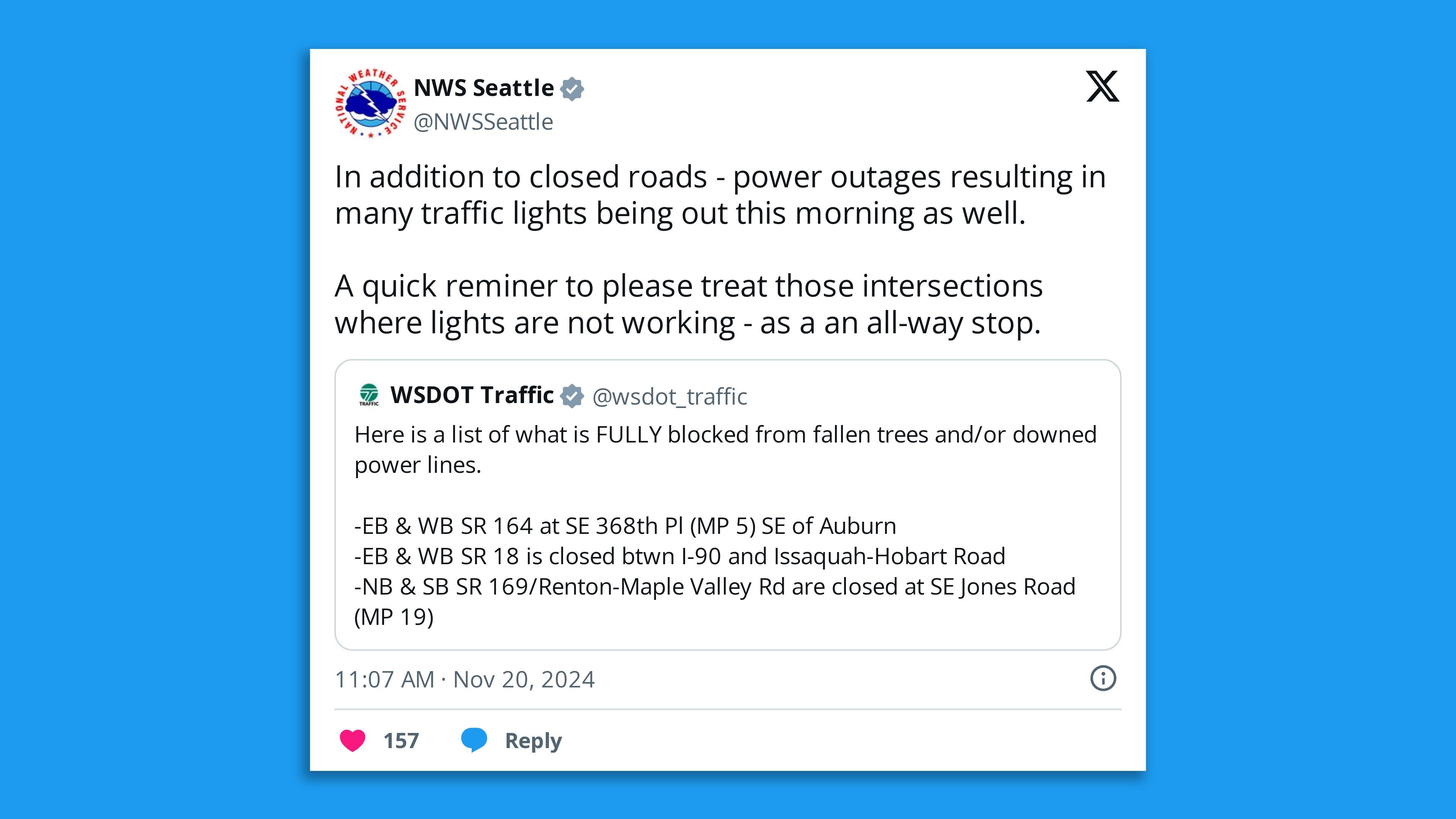 A screenshot of an NWS tweet, saying in part: "In addition to closed roads - power outages resulting in many traffic lights being out this morning as well.  A quick reminer to please treat those intersections where lights are not working - as a an all-way stop."