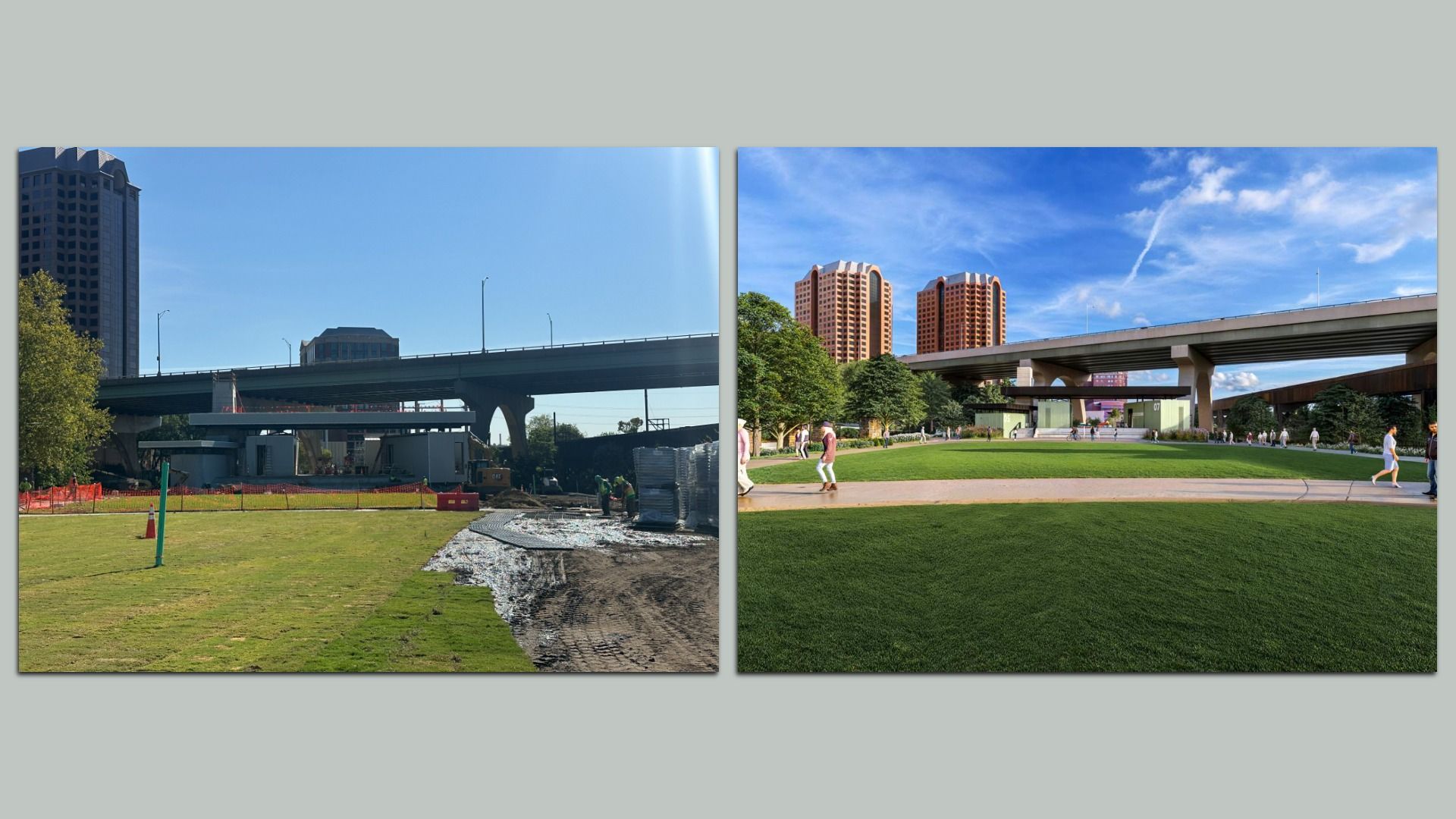 Two-panel urban scene: left shows a construction site under a highway overpass with a tall building; right shows a sunlit park with trees, pedestrians, and elevated roads with tan residential towers.