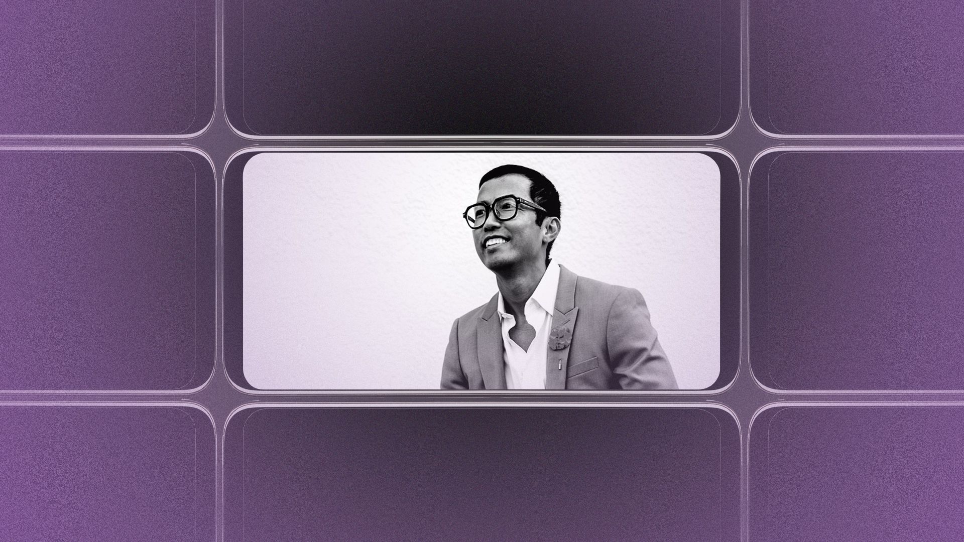 Photo illustration of a grid of smartphone screens, the center one showing an image of Dexter Fabian.