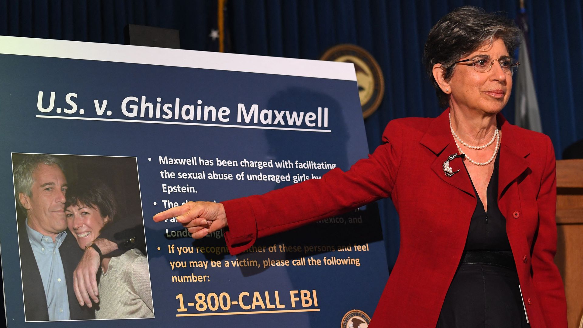 Audrey Strauss, then-acting US Attorney for the Southern District of New York,  announces charges against Ghislaine Maxwell in New York City in 2020.