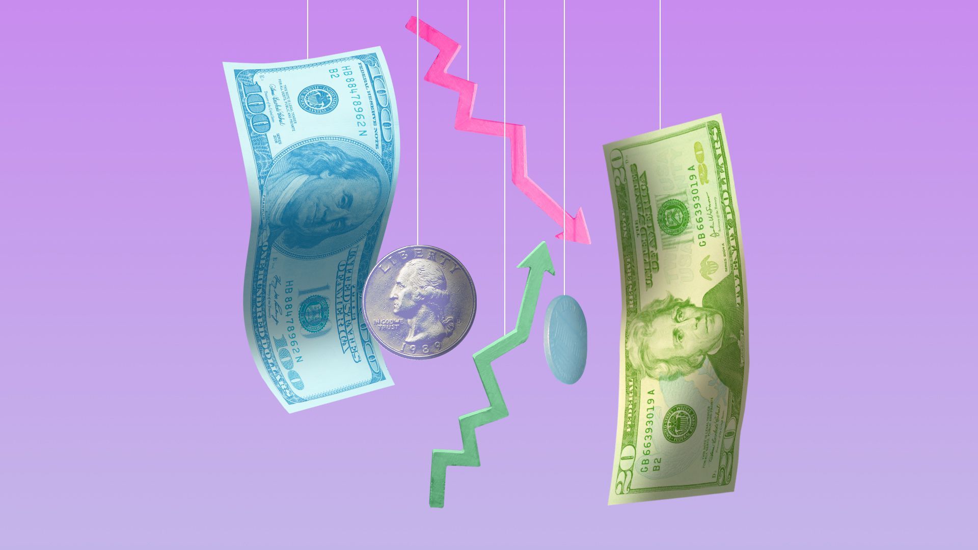 Illustration of a baby mobile made of money, coins and trending arrows. 