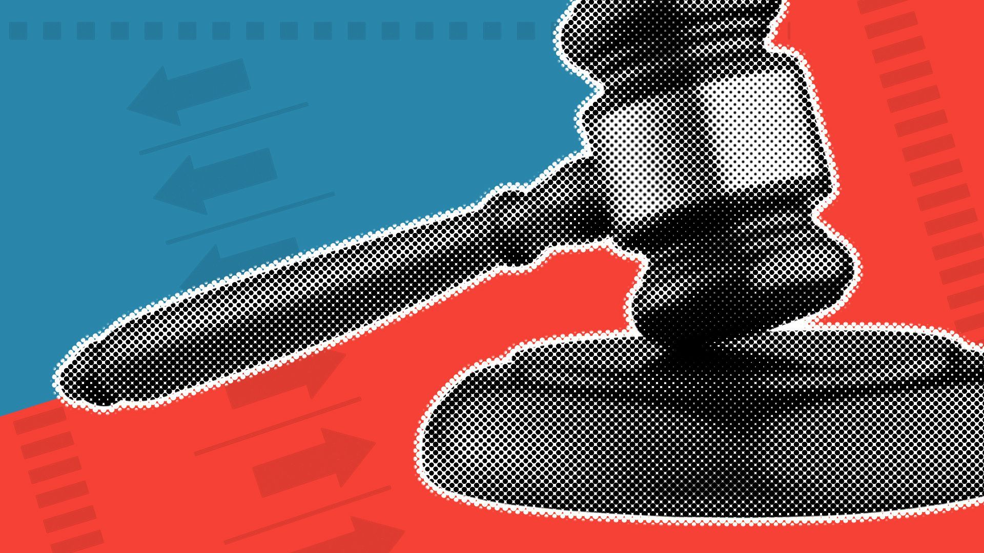 Illustration of a gavel with arrows and abstract shapes.