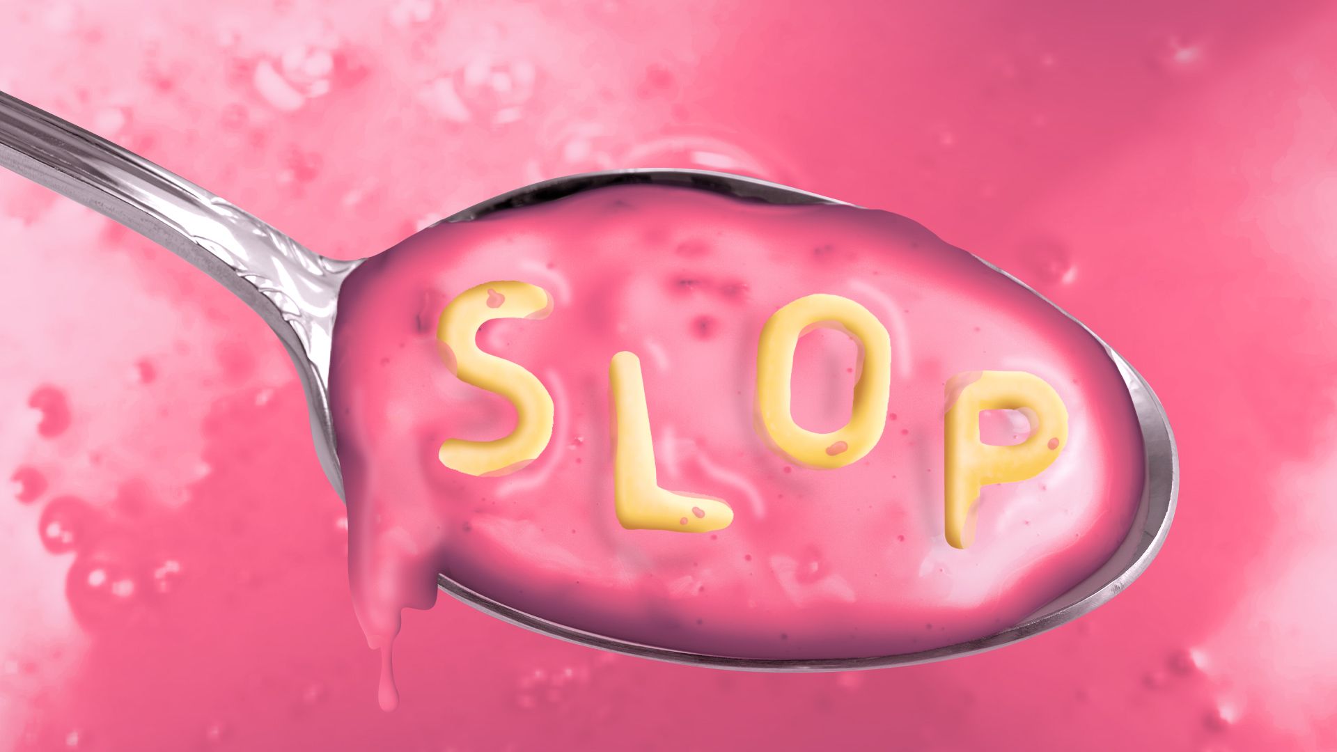 Illustration of a spoon with pink goop and the word "SLOP" spelled out in noodle letters. 