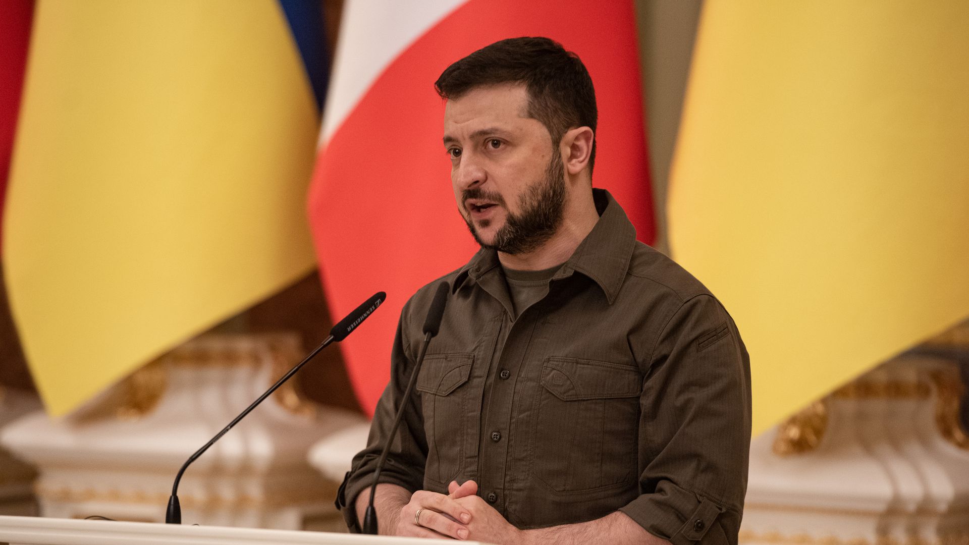Ukrainian President Volodymyr Zelensky speaks at a news conference on May 8, 2022 in Kyiv, Ukraine.