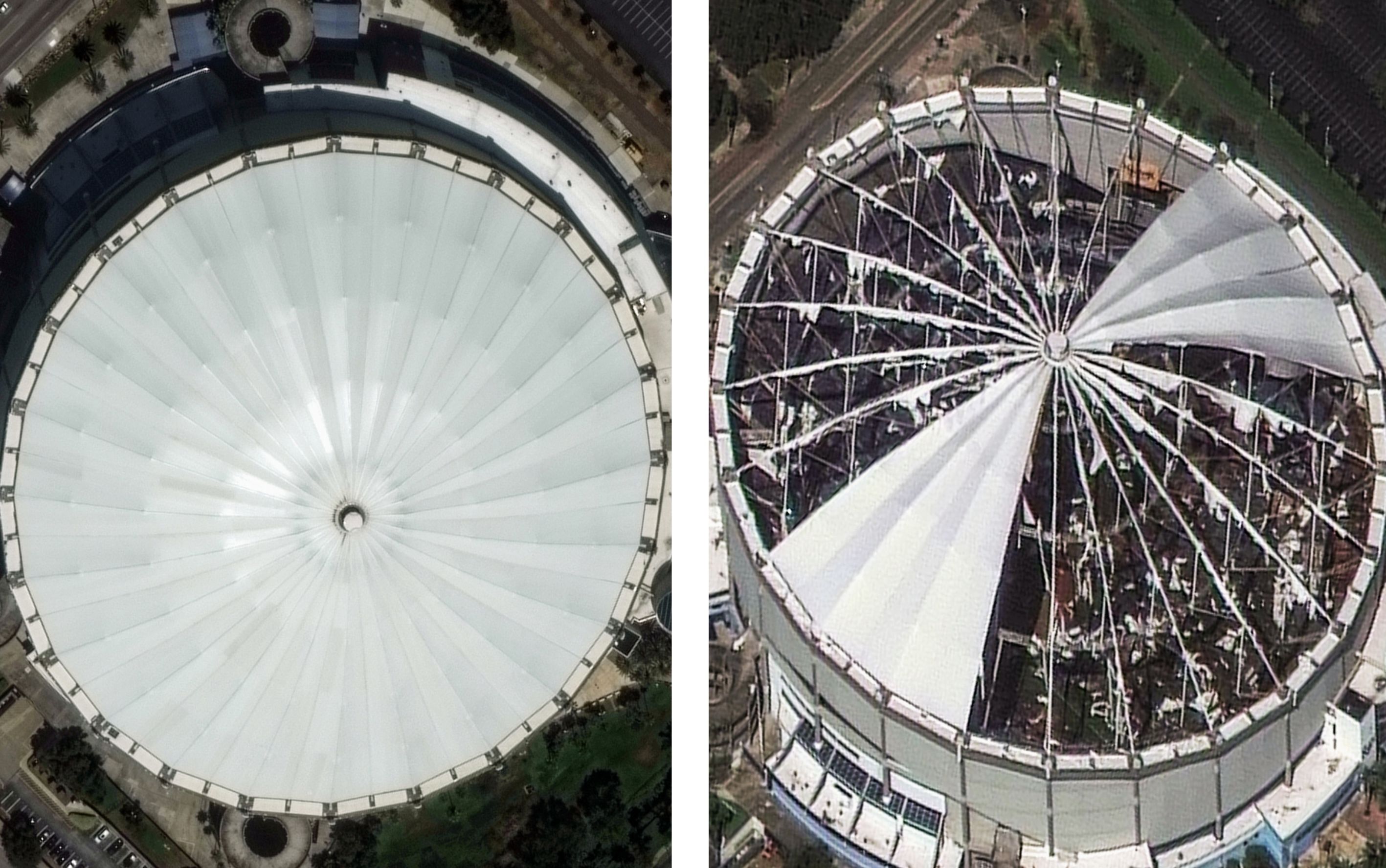 Before and after images of the roof of the Tropicana Field ballpark, which was ripped apart by Hurricane Milton. Only 2 slim sections of the white roof now remain.