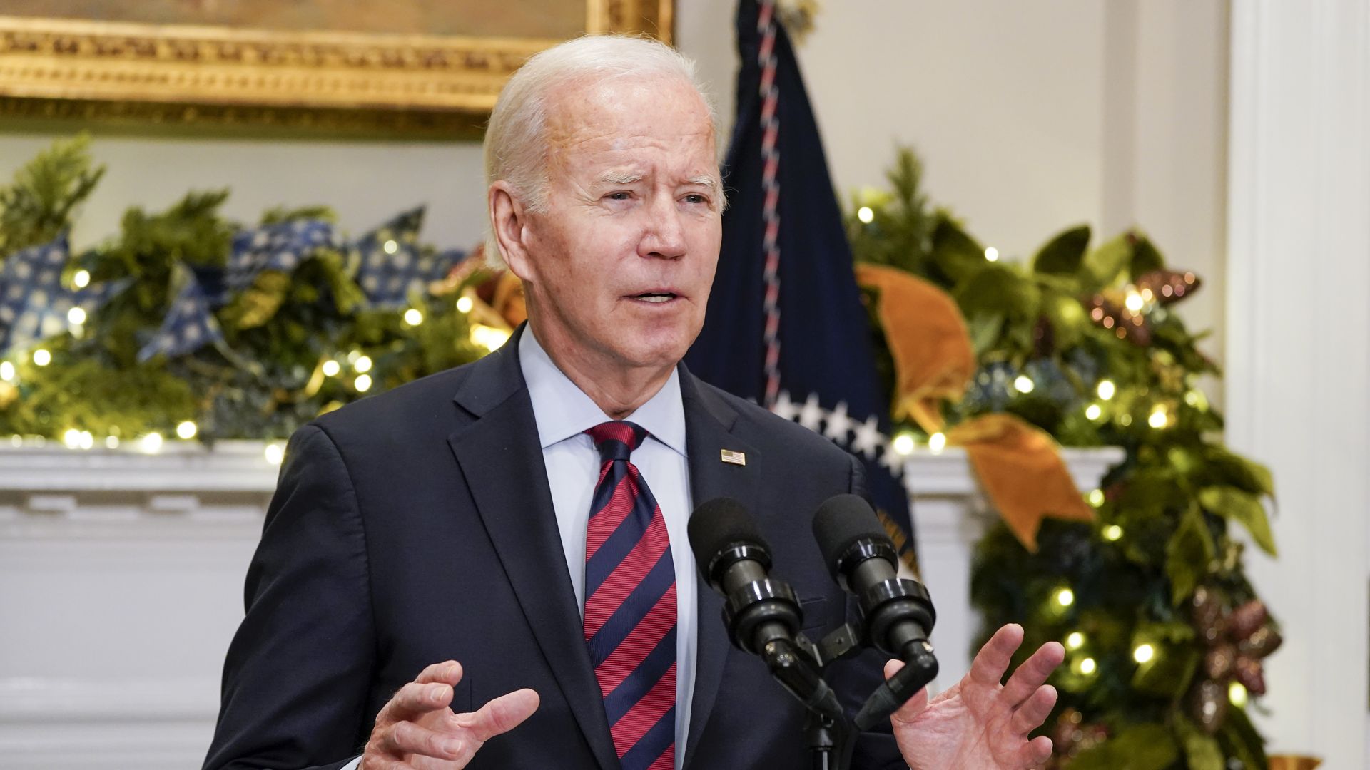 US President Joe Biden speaks before signing H.J. Res. 100, Rail Labor Dispute Agreement, in the Roosevelt Room of the White House in Washington, DC, US, on Friday, Dec. 2, 2022.