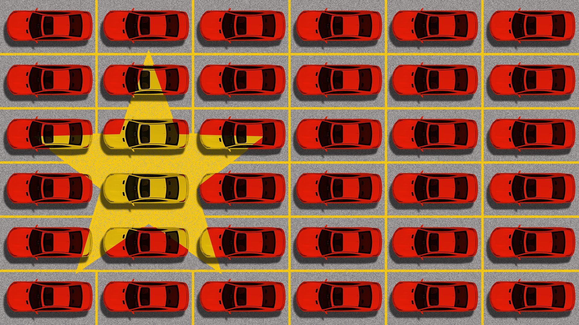 Illustration of a parking lot full of red cars with a yellow star on the left similar to the flag of China