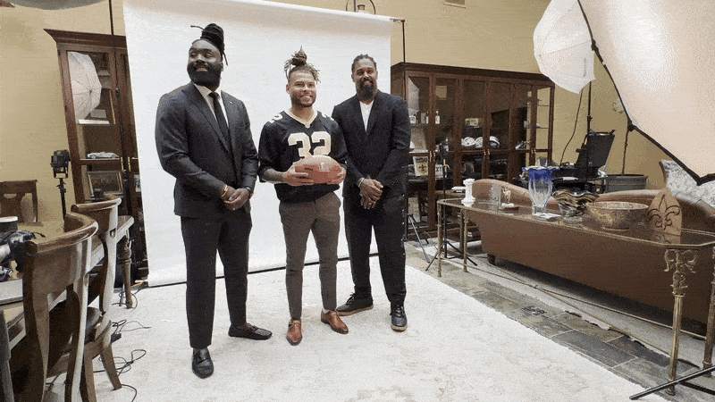 Photo shows Demario Davis, Tyrann Mathieu and Cam Jordan on a photo set.