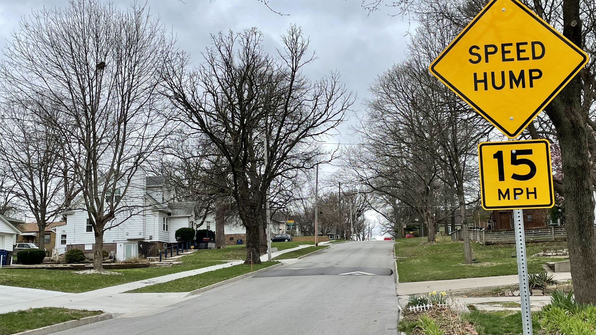Residential street with bare trees, white houses, grass lawns, and a yellow road sign reading "SPEED HUMP 15 MPH" under an overcast sky.
