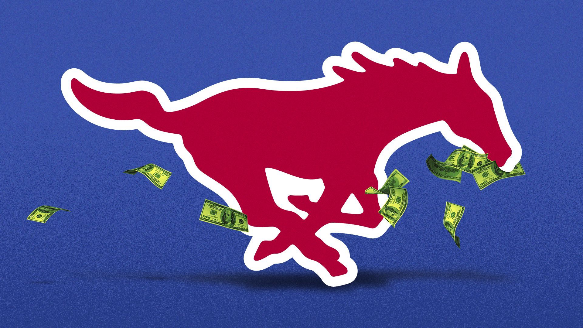Illustration fo the SMU Mustang with money in its mouth