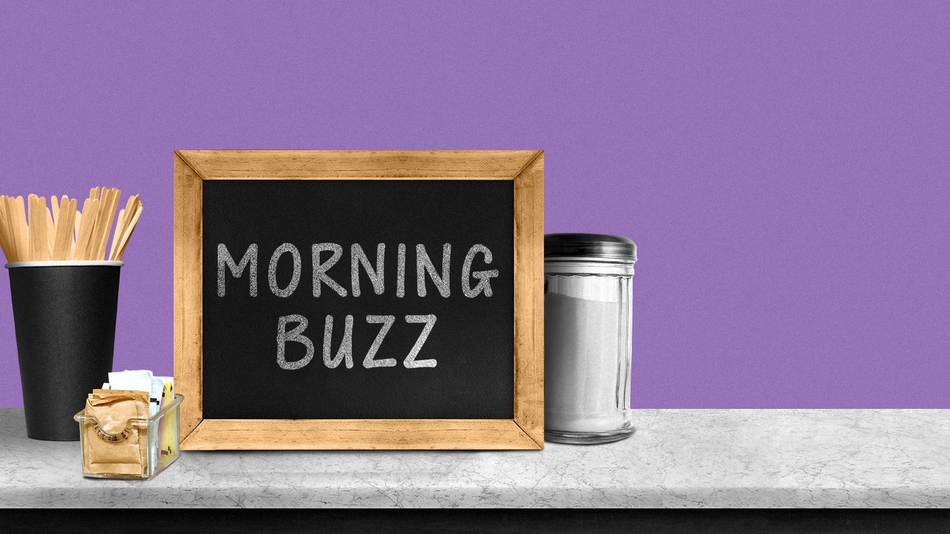 Illustration of chalkboard with "Morning Buzz" written in chalk next to creamer, coffee stirs, and sweetener packets.