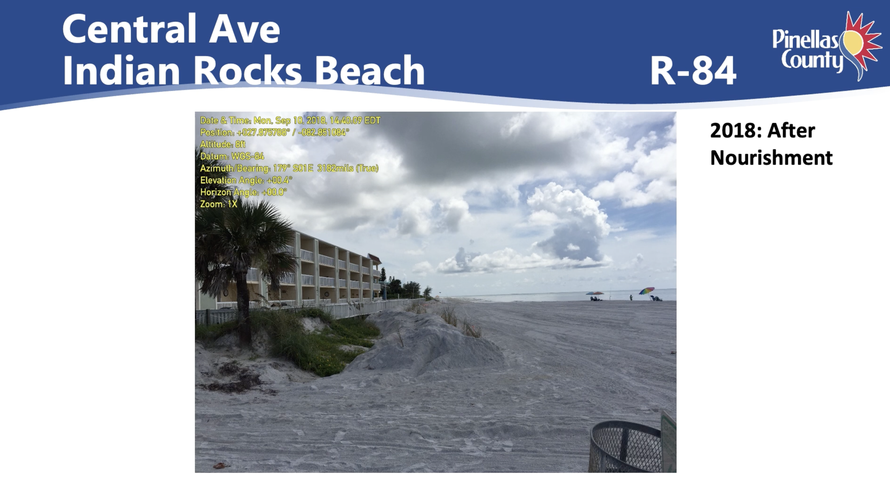 An image of a wide, sandy beach pictured in 2018 after beach nourishment.