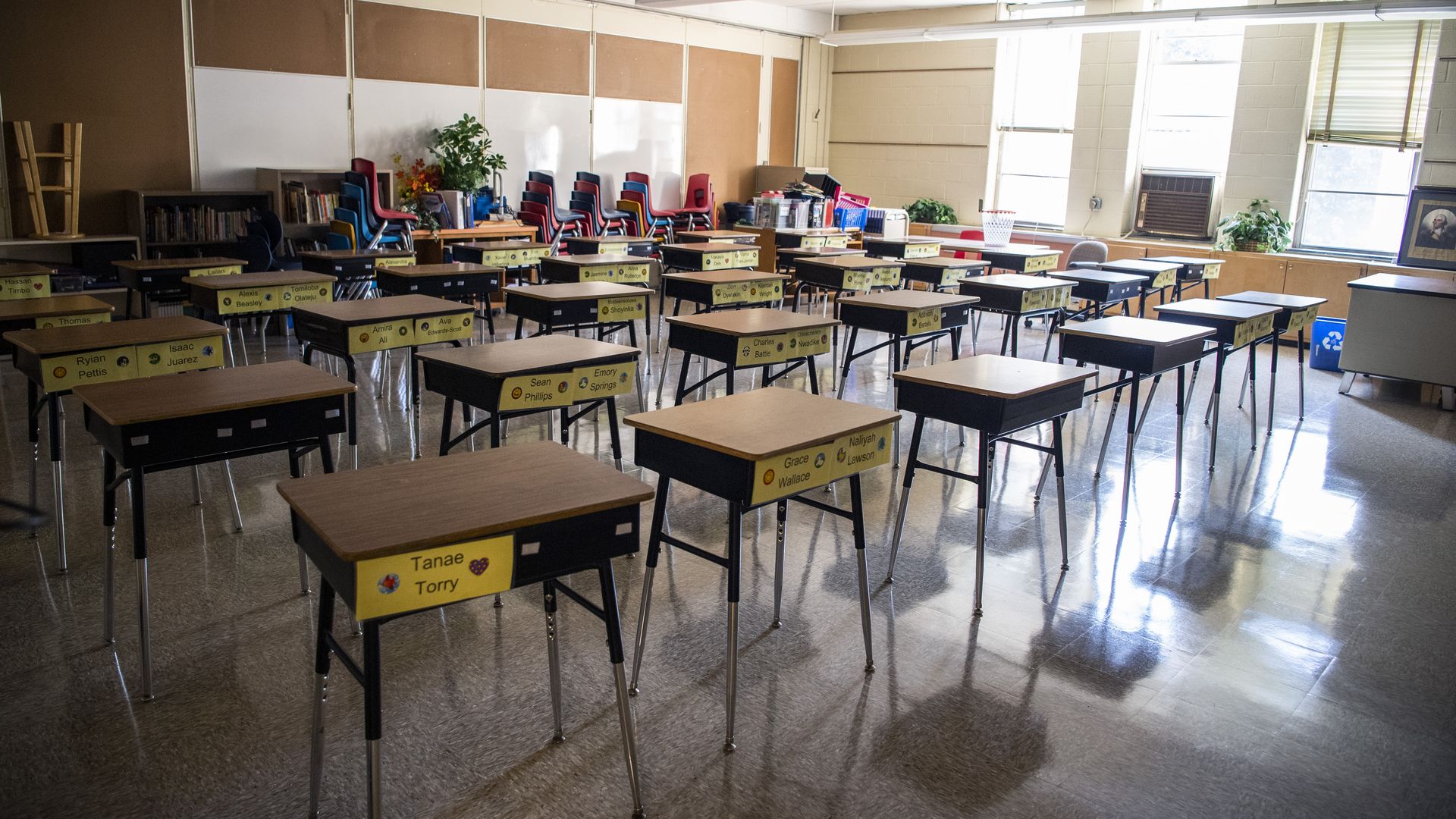 empty student classroom with desks