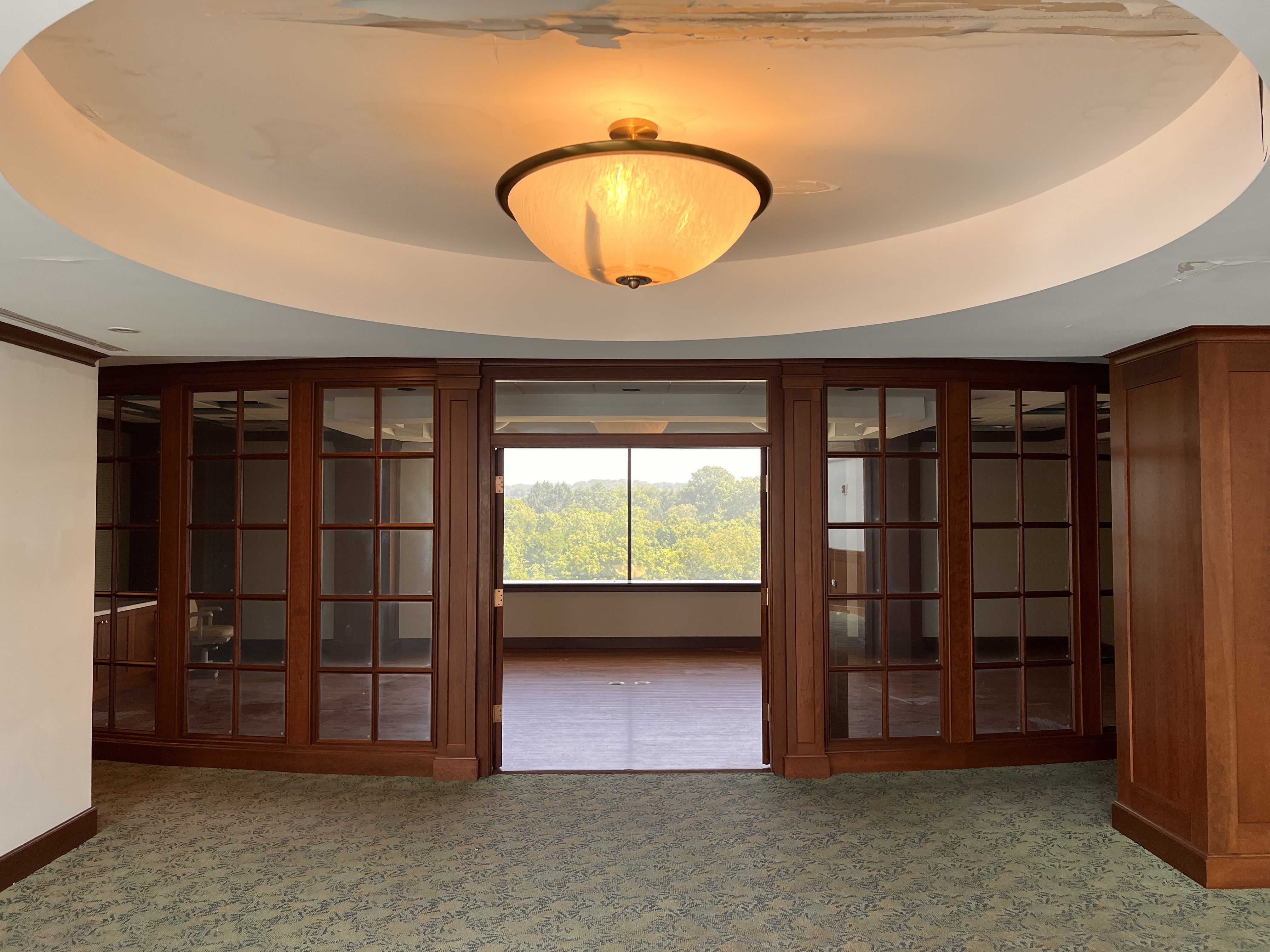 Centered warm-glow flush-mount ceiling light with a frosted glass bowl in a curved ceiling recess. Dark wood cabinets with glass doors flank a large window showing trees outside; patterned carpet covers the floor.