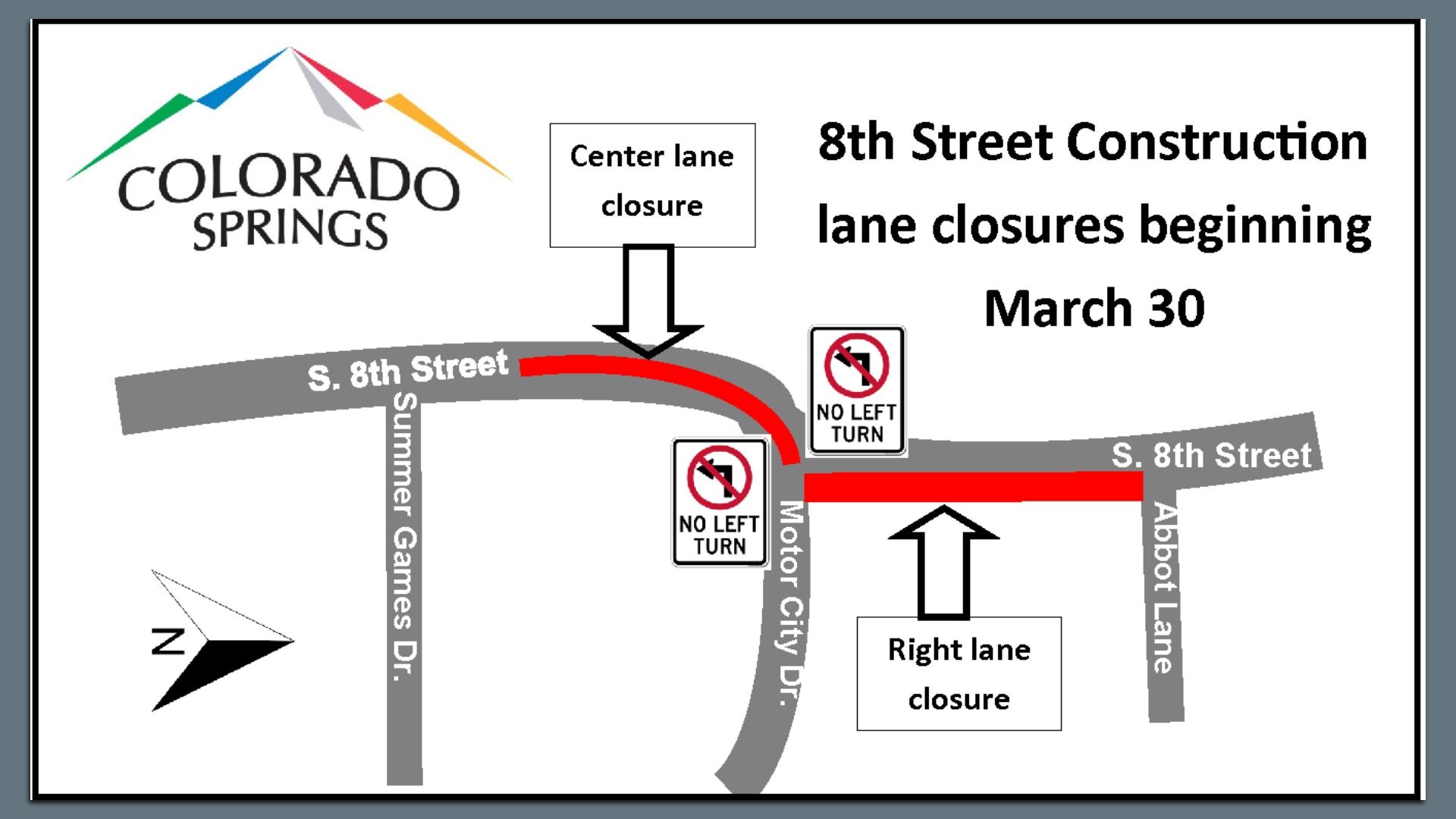 A graphic showing upcoming road closures along 8th Street starting March 30, 2026. The center lane between Summer Games Drive and Motor City Drive will be closed. As will the left turn onto Motor City Drive, and the southbound right lane approaching Motor City Drive.