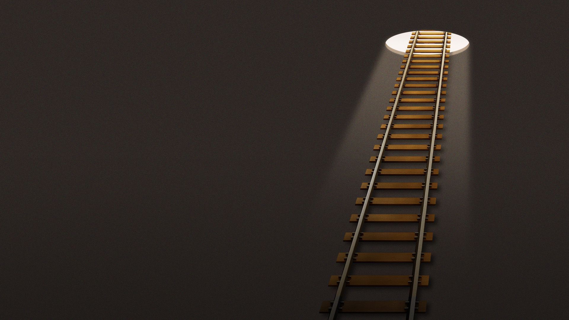 Illustration of railroad tracks, angled like a ladder, leading up out of a hole.