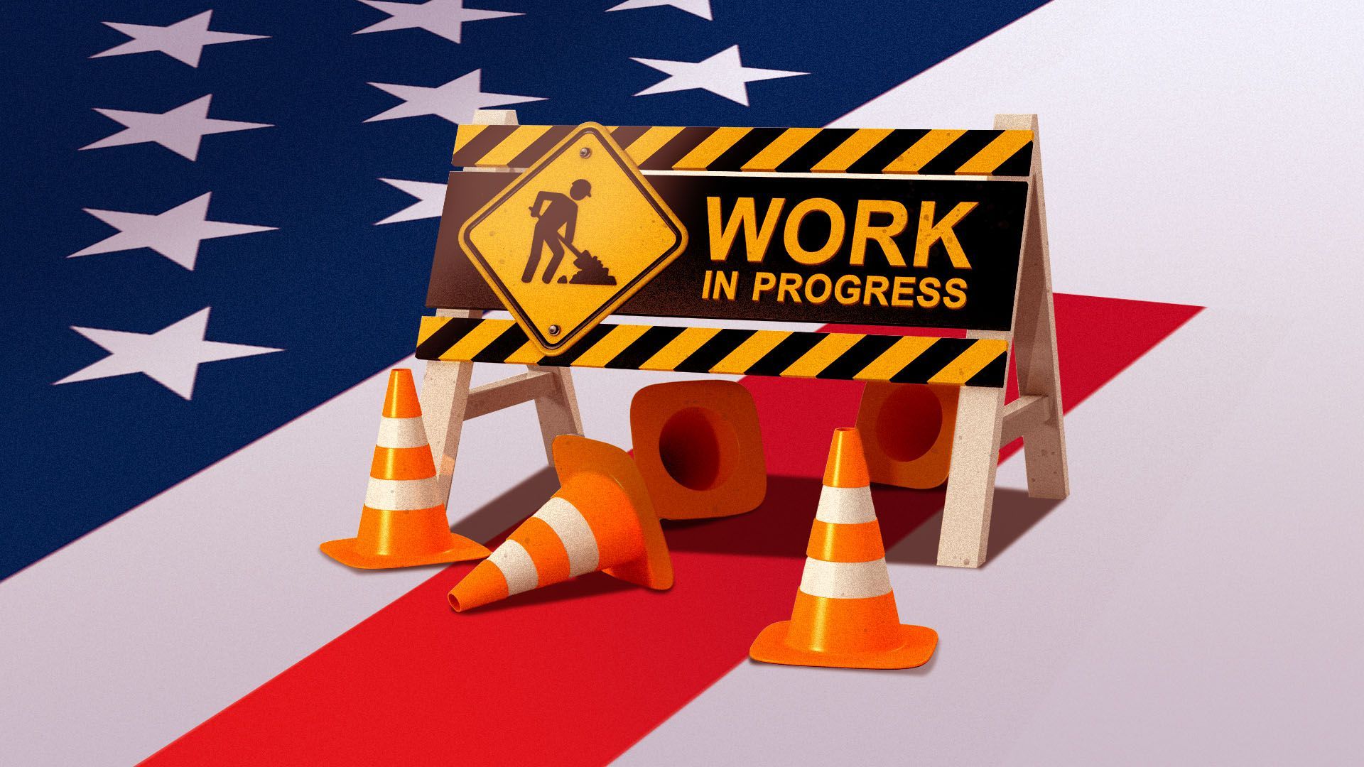 Illustration of a U.S. flag with a construction sign over one of the stripes